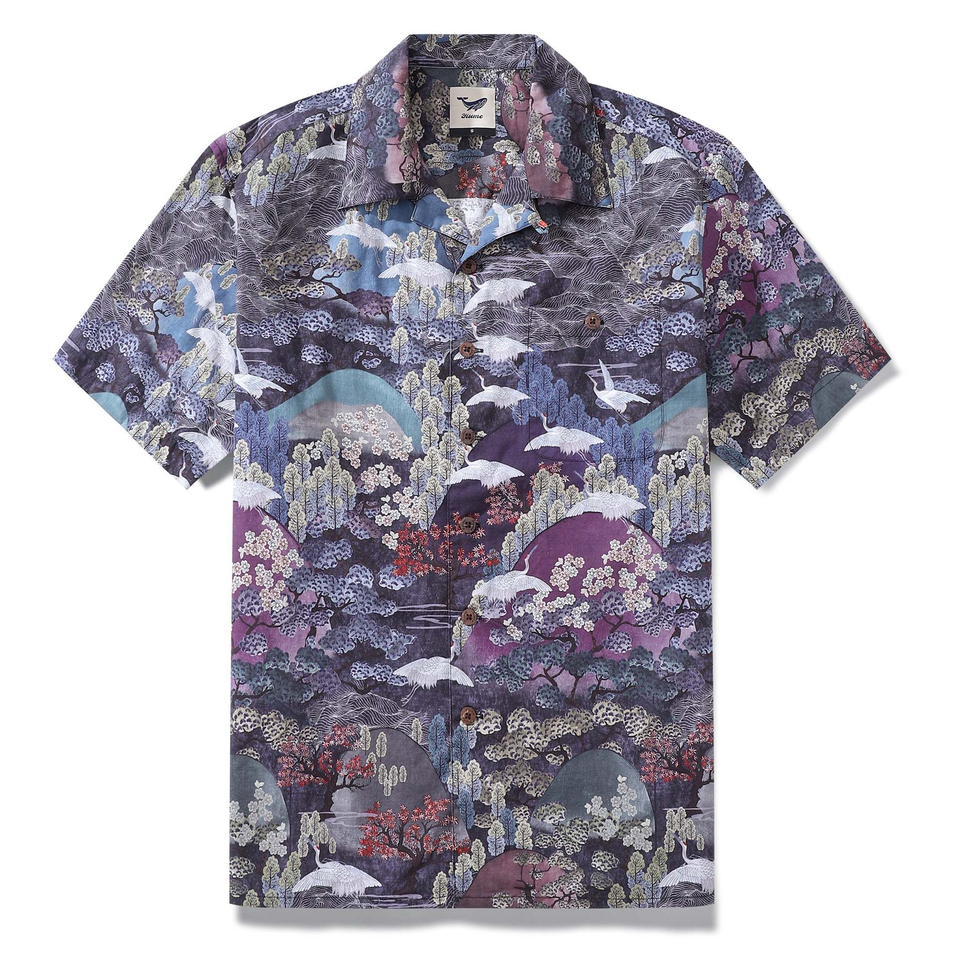 Men's Hawaiian Shirt Short Sleeve Camp Collar 100% Cotton Purple Aloha Twilight Cranes 1950s Vintage By Sylvia