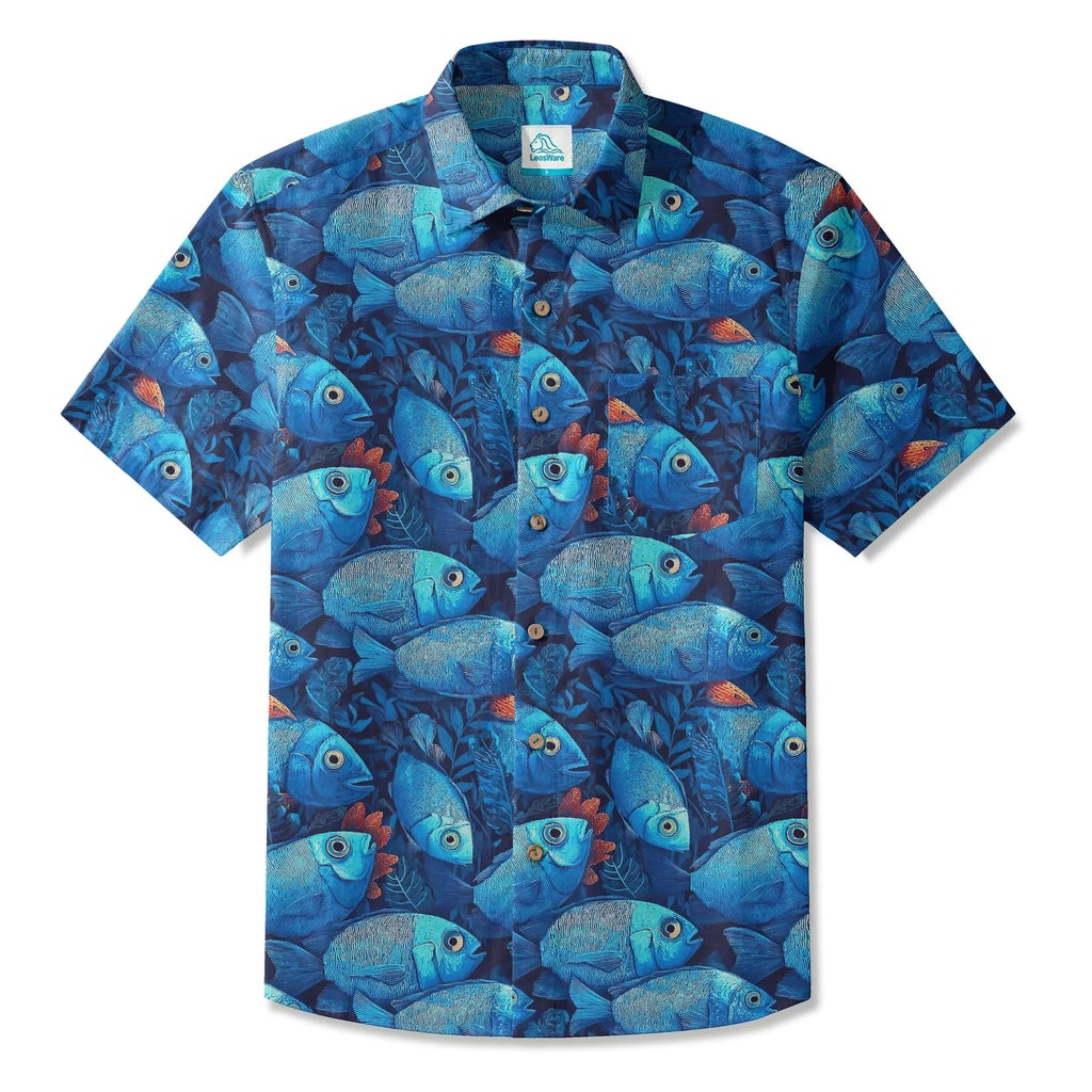 LeosWare® Men's Hawaiian Shirt Short Sleeve Button-up 100% Cotton Blue Aloha Deep Sea Blues Fish School By Ann