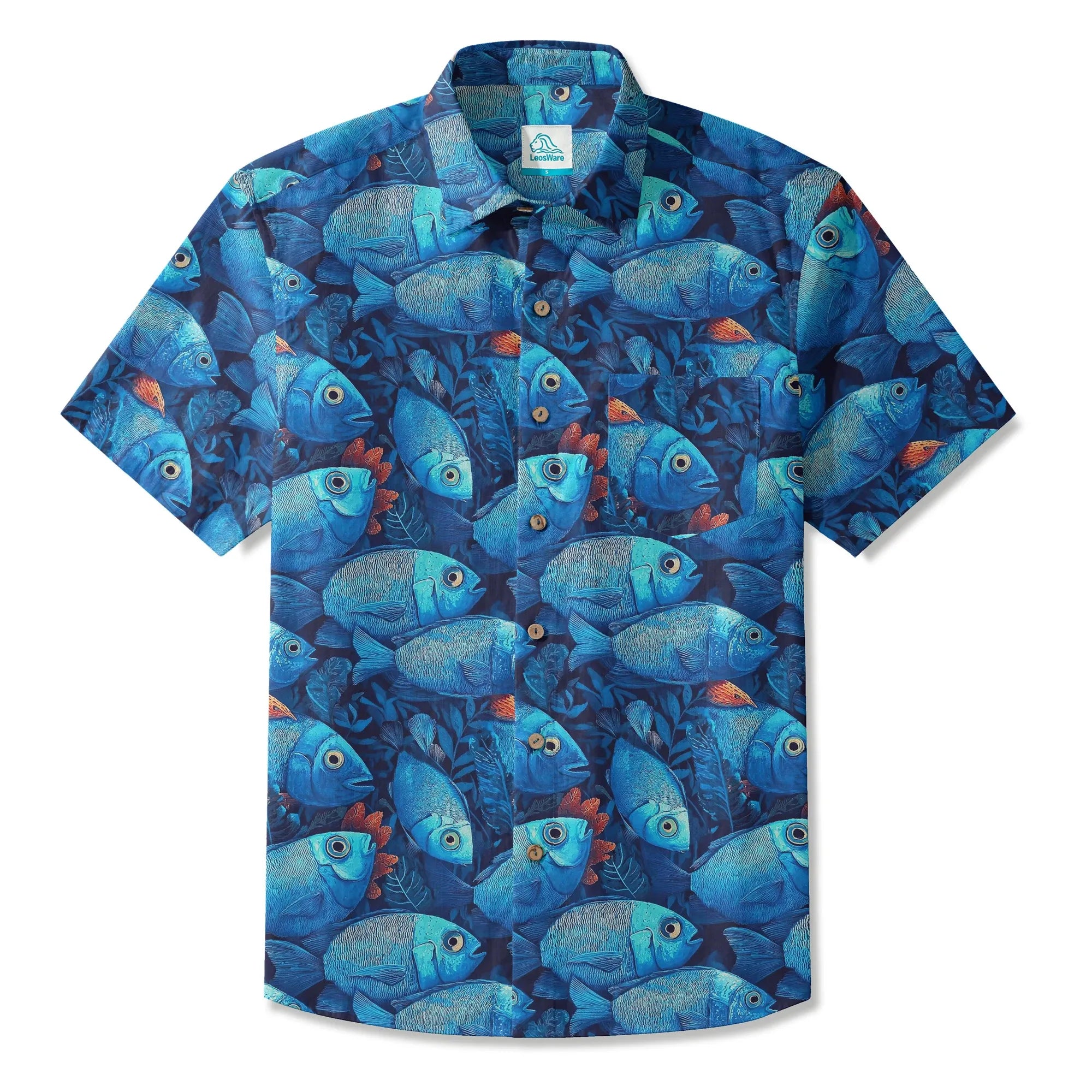 LeosWare® Men's Hawaiian Shirt Short Sleeve Button-up 100% Cotton Blue Aloha Deep Sea Blues Fish School By Ann