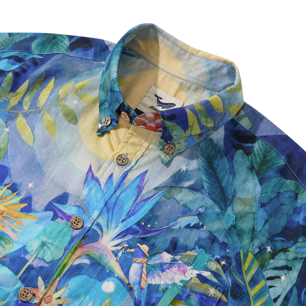 Flamingos Men's Hawaiian Shirt Short Sleeve Button-down 100% Cotton Blue Aloha Magical Jungle Adventure By Mo