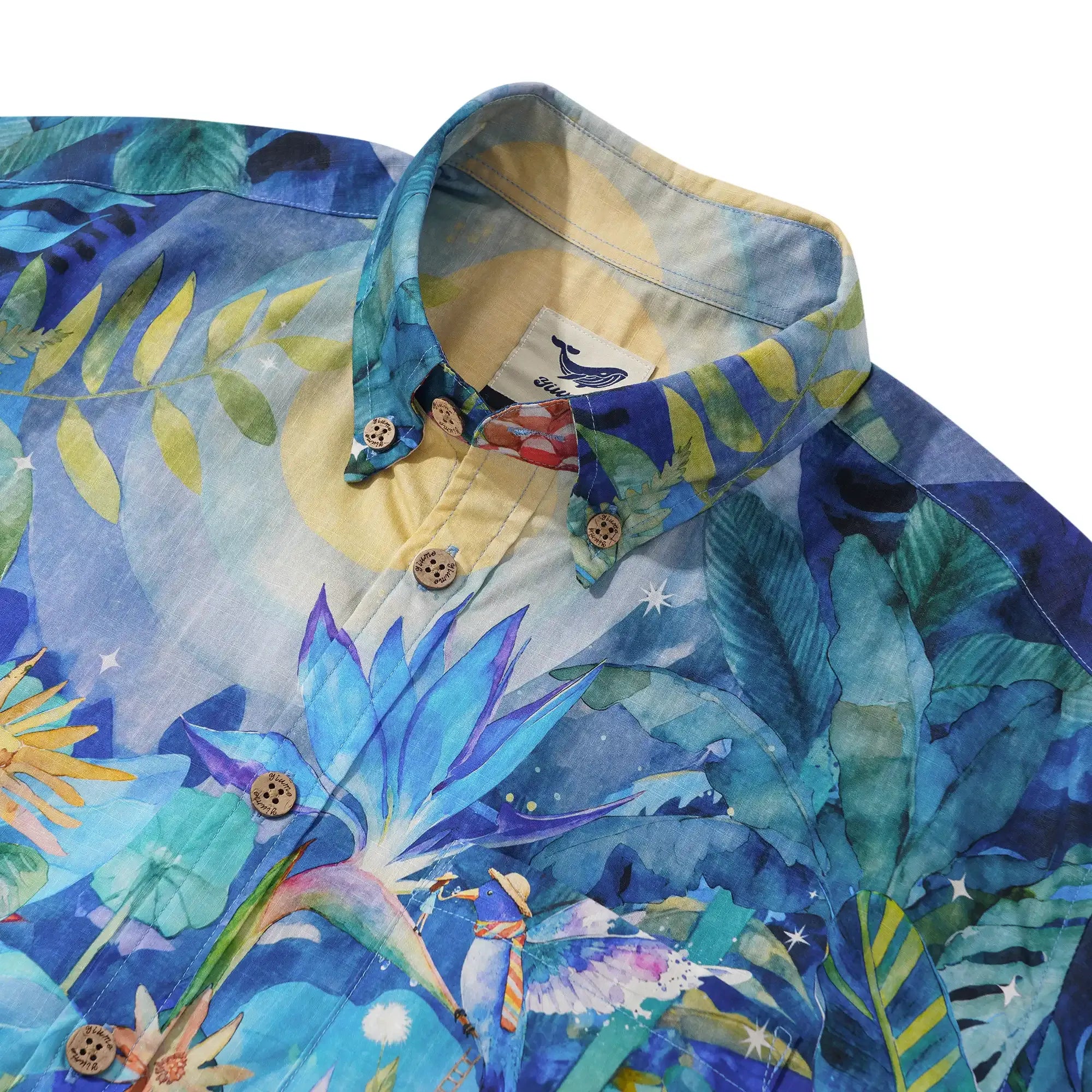 Flamingos Men's Hawaiian Shirt Short Sleeve Button-down 100% Cotton Blue Aloha Magical Jungle Adventure By Mo