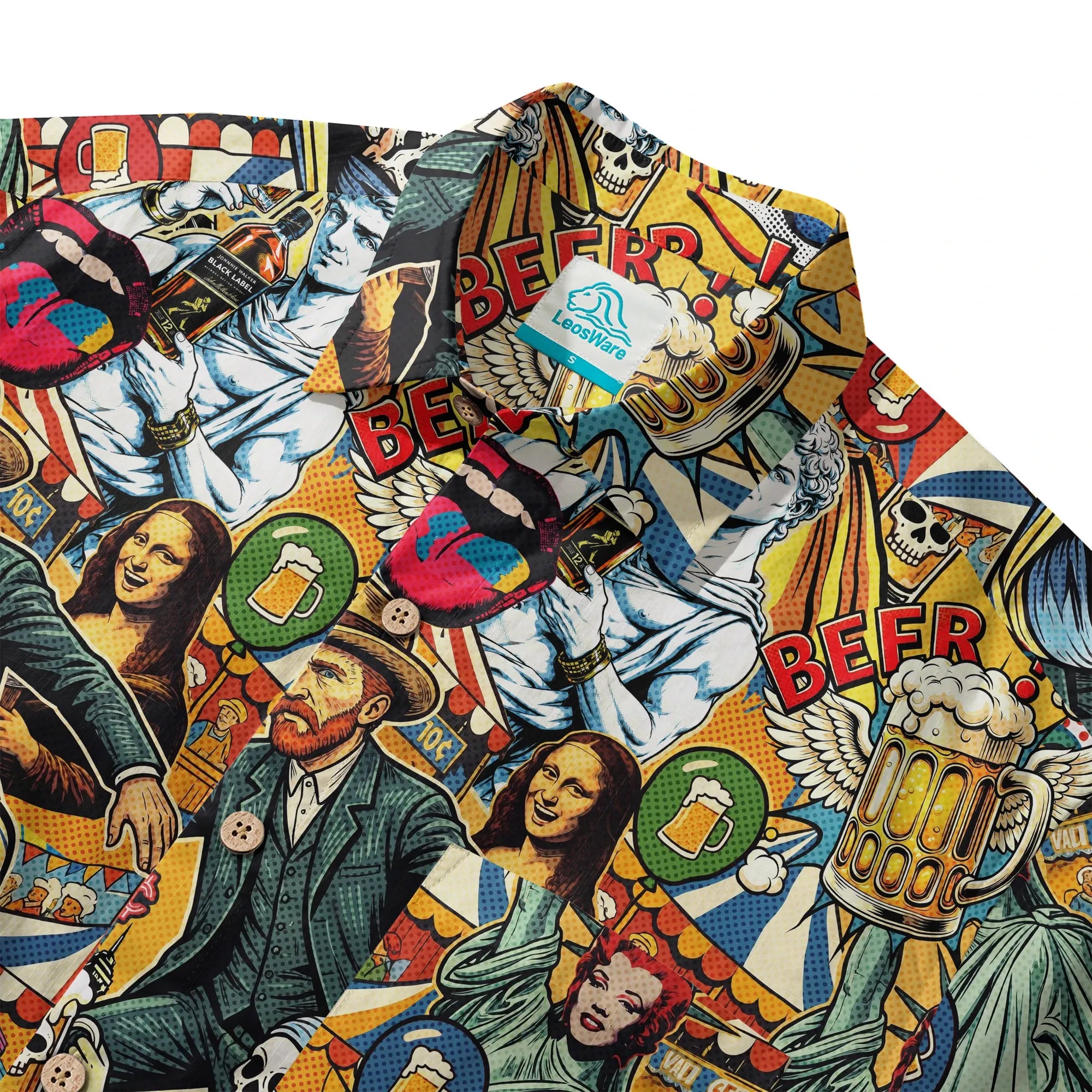 LeosWare® Men's Hawaiian Shirt Short Sleeve Button-up 100% Cotton Green Aloha Art & Beer Pop Collage By Huan huan