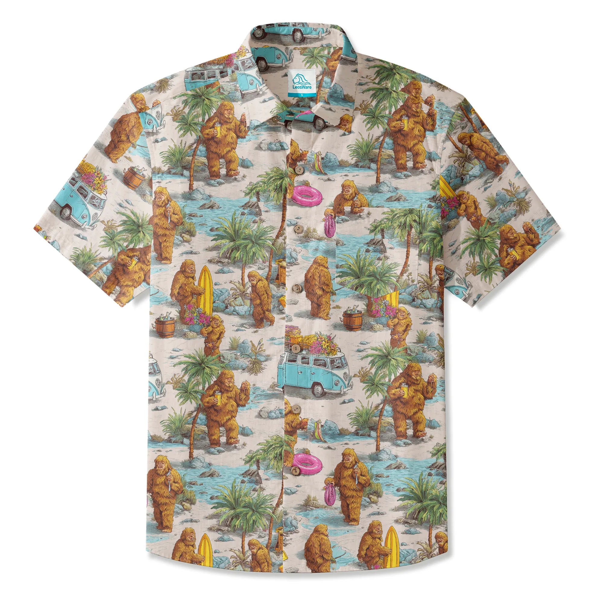 LeosWare® Men's Hawaiian Shirt Short Sleeve Button-up 100% Cotton Aloha Seaside Market Of The Bigfoot By Ann