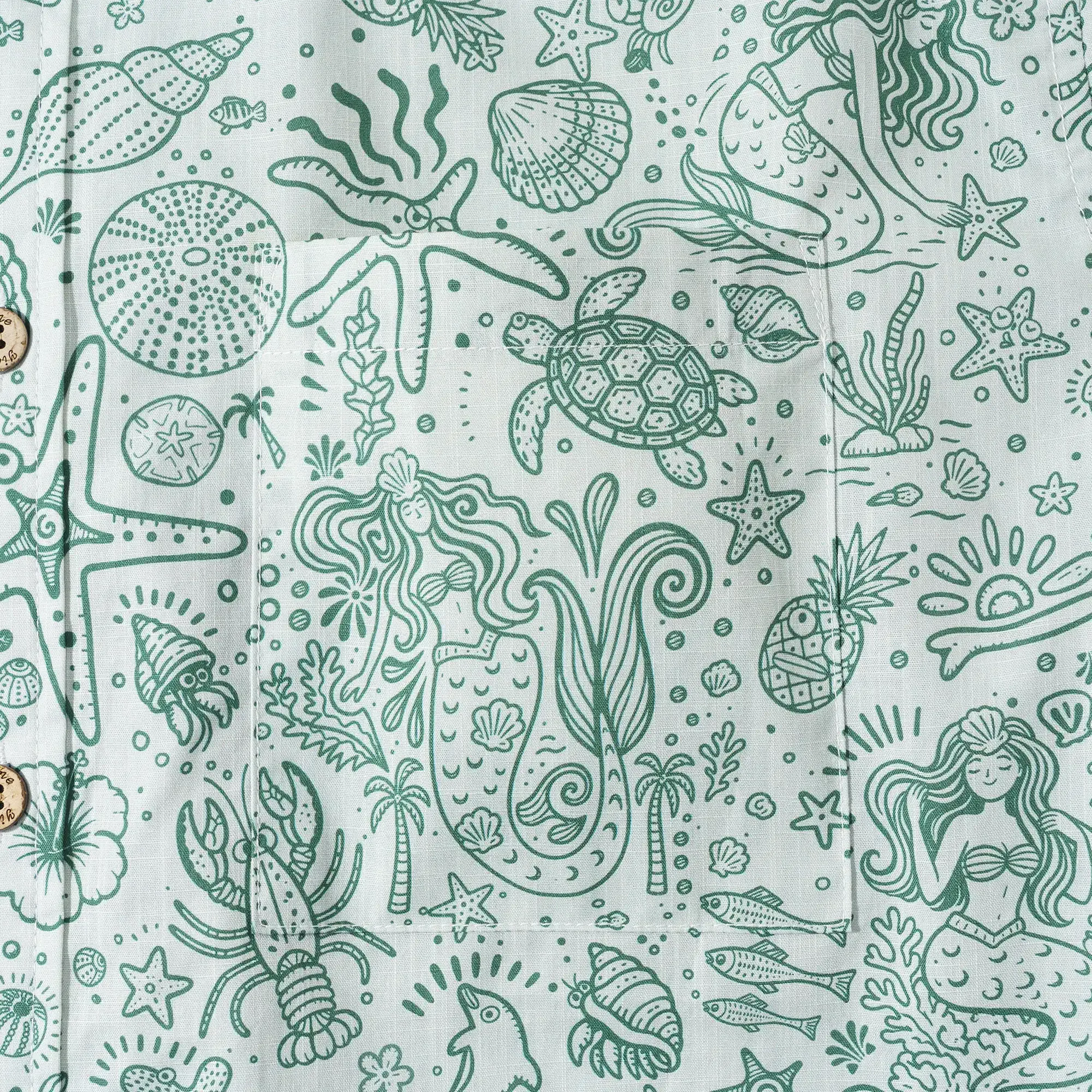 Men's Hawaiian Shirt Short Sleeve Button-down 100% Cotton Green Aloha Coastal Doodle - Sage green By Huan huan