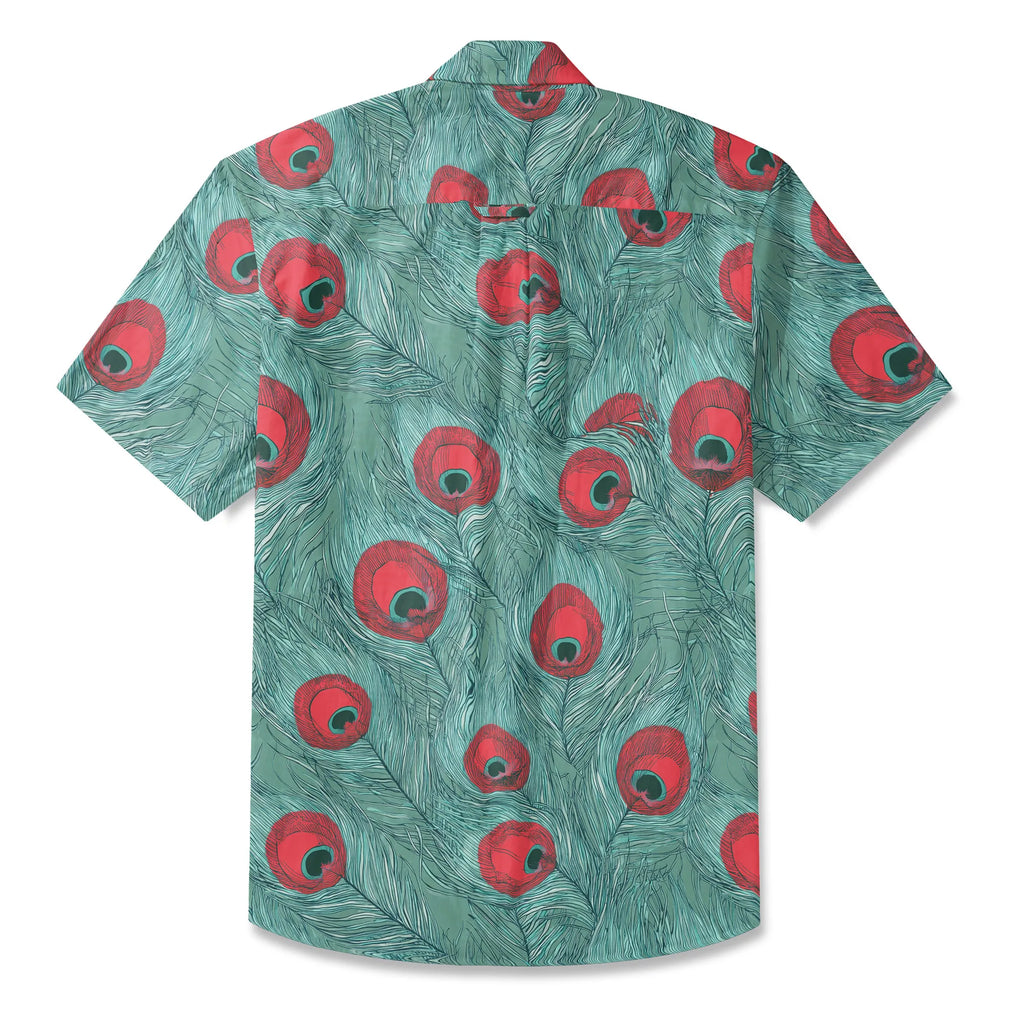 LeosWare® Men's Hawaiian Shirt Short Sleeve Button-up 100% Cotton Green Aloha Crimson Iris Blue Feathers By Ann