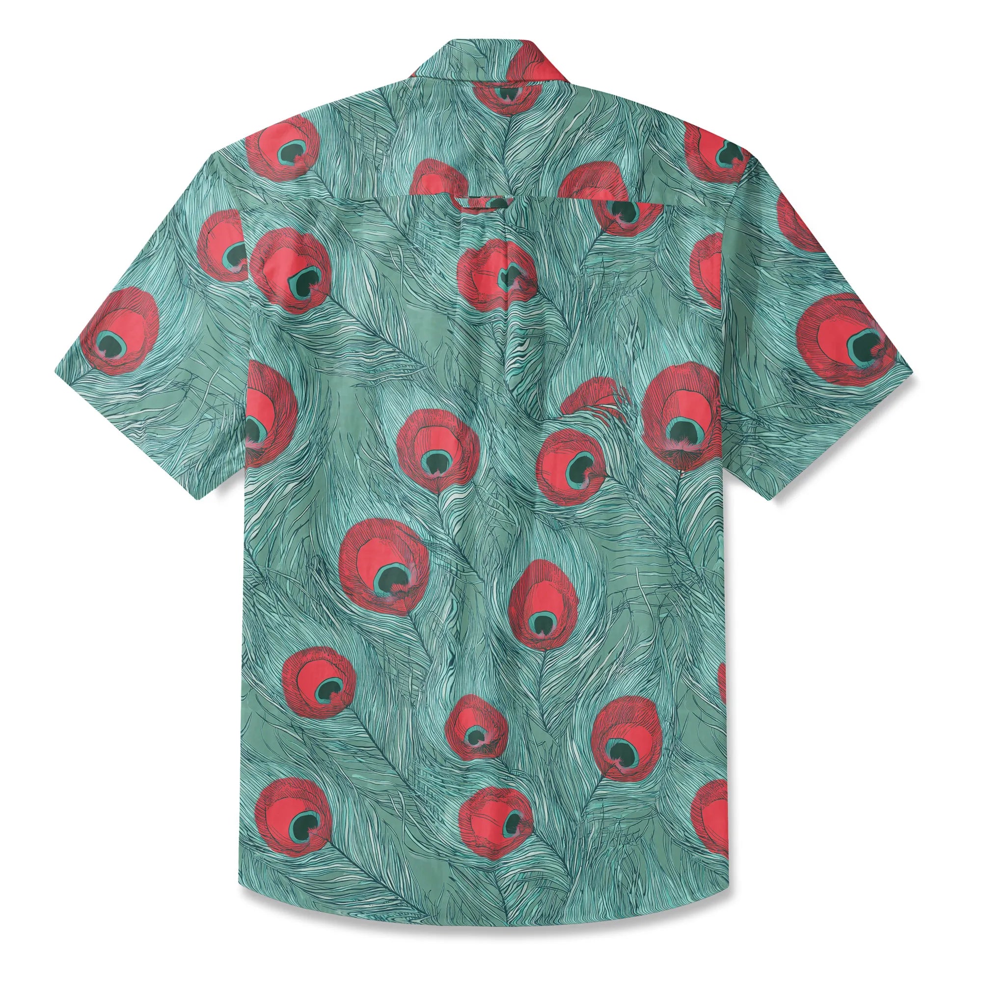 LeosWare® Men's Hawaiian Shirt Short Sleeve Button-up 100% Cotton Green Aloha Crimson Iris Blue Feathers By Ann