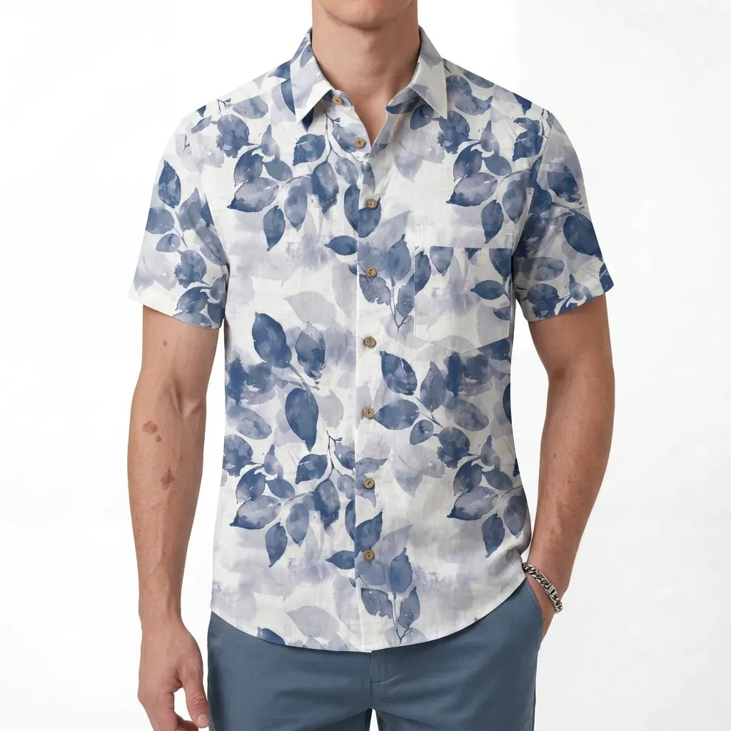 LeosWare® Men's Hawaiian Shirt Short Sleeve Button-up 100% Cotton Purple Aloha Ink Leaves And Sparse Shadows By Ann