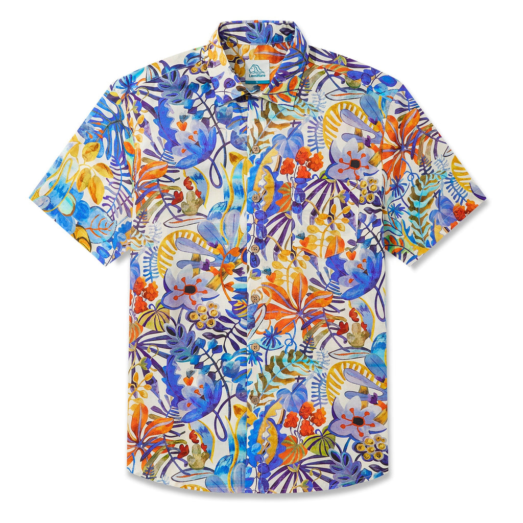 LeosWare® Men's Hawaiian Shirt Short Sleeve Button-up 100% Cotton Blue Aloha Tropical Floral Painting By Ethan