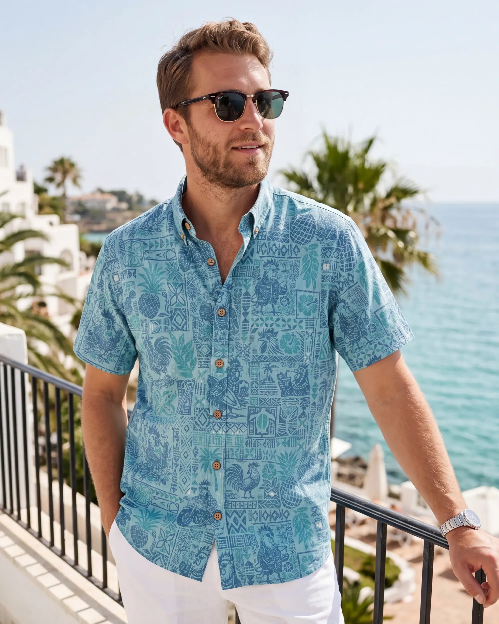 Men's Hawaiian Shirt Short Sleeve Button-down 100% Cotton Blue Rooster Aloha The Bone Voyage By Cigar