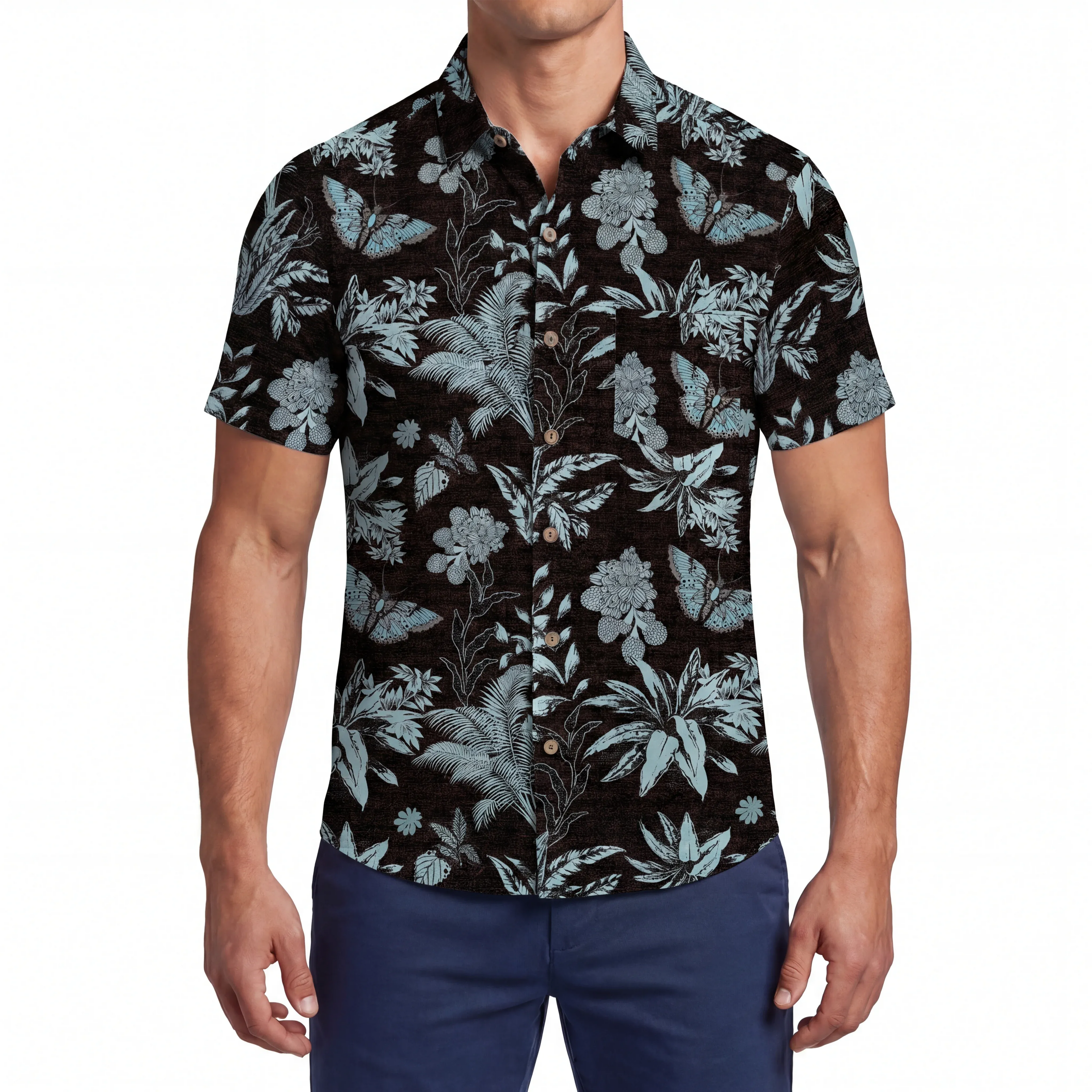 LeosWare® Men's Hawaiian Shirt Short Sleeve Button-up 100% Cotton Black Aloha Mystical Flowers And Butterflies By Patch