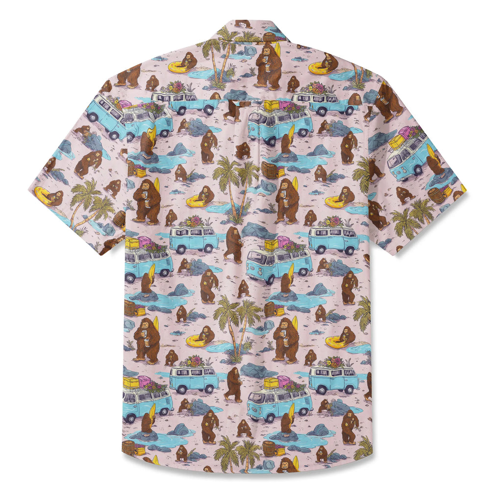LeosWare® Men's Hawaiian Shirt Short Sleeve Button-up 100% Cotton Aloha Pink Camping With Bigfoot By Ann