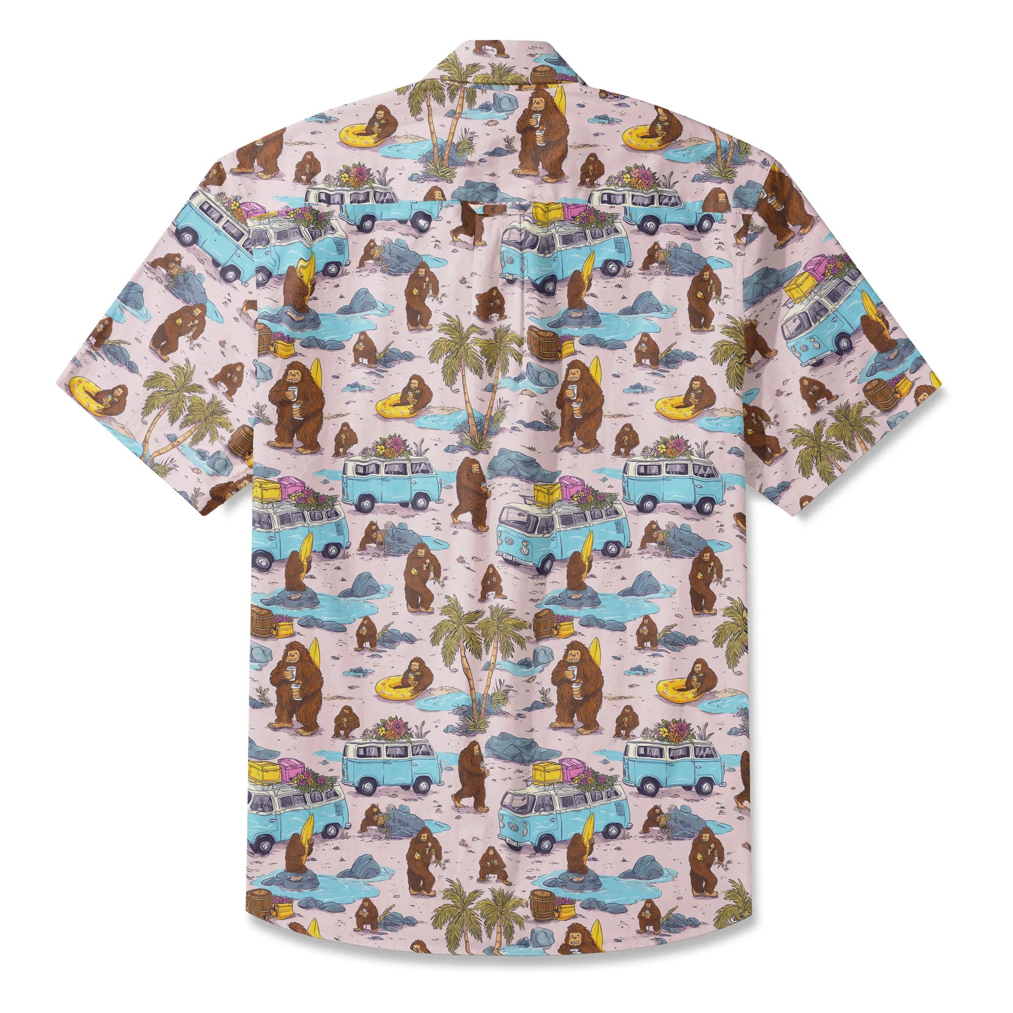 LeosWare® Men's Hawaiian Shirt Short Sleeve Button-up 100% Cotton Aloha Pink Camping With Bigfoot By Ann