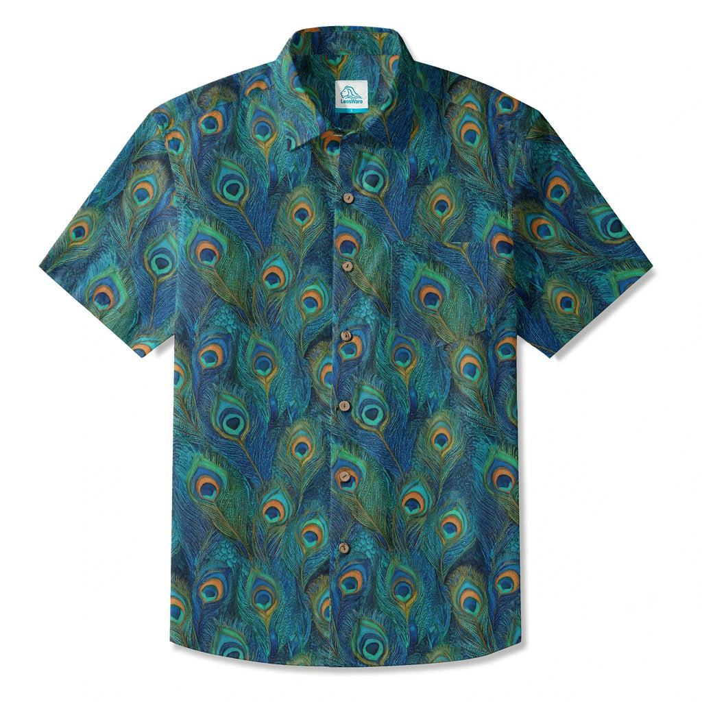 LeosWare® Peacock Men's Hawaiian Shirt Short Sleeve Button-up 100% Cotton Blue Aloha Indigo Feathered Elegance By Ann