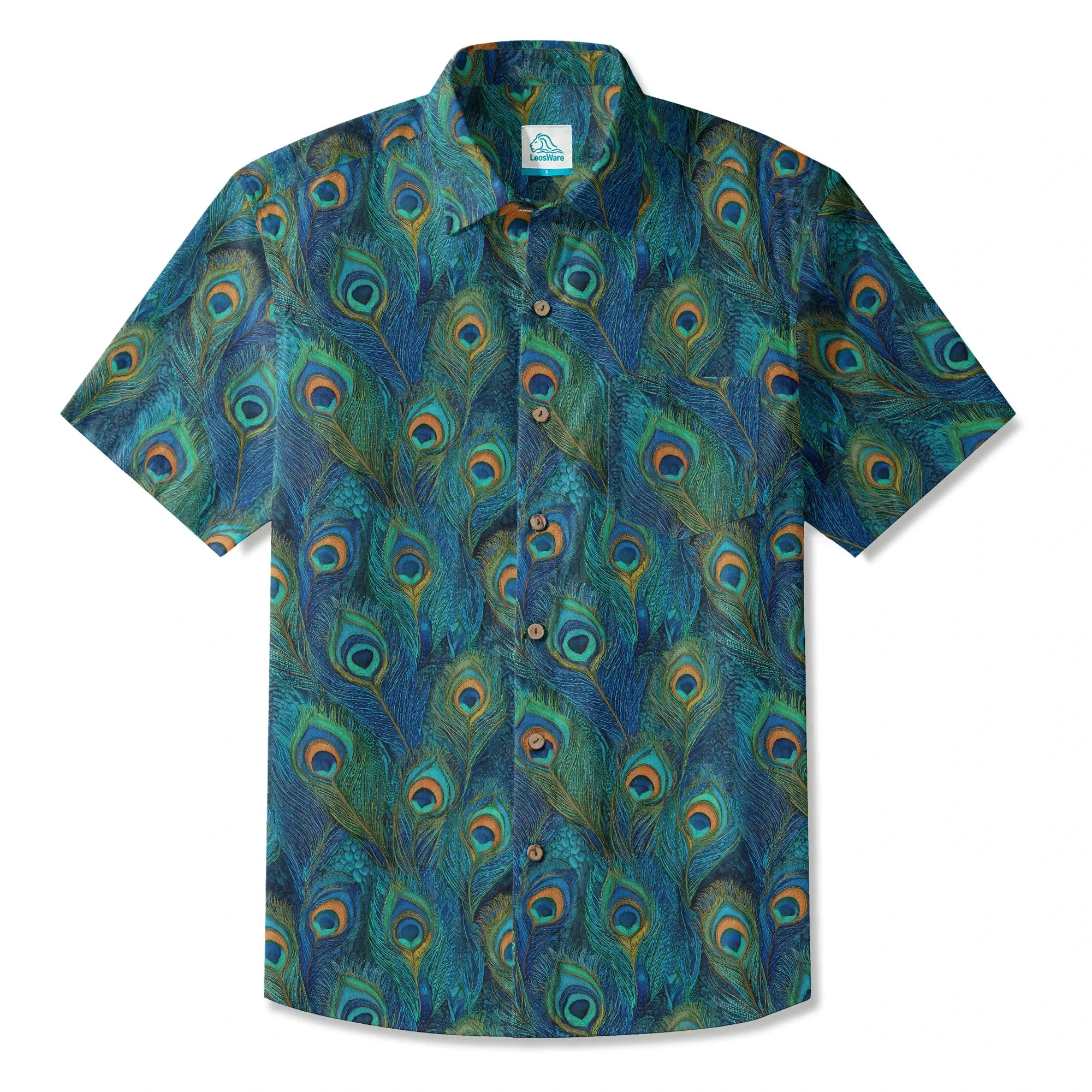 LeosWare® Peacock Men's Hawaiian Shirt Short Sleeve Button-up 100% Cotton Blue Aloha Indigo Feathered Elegance By Ann