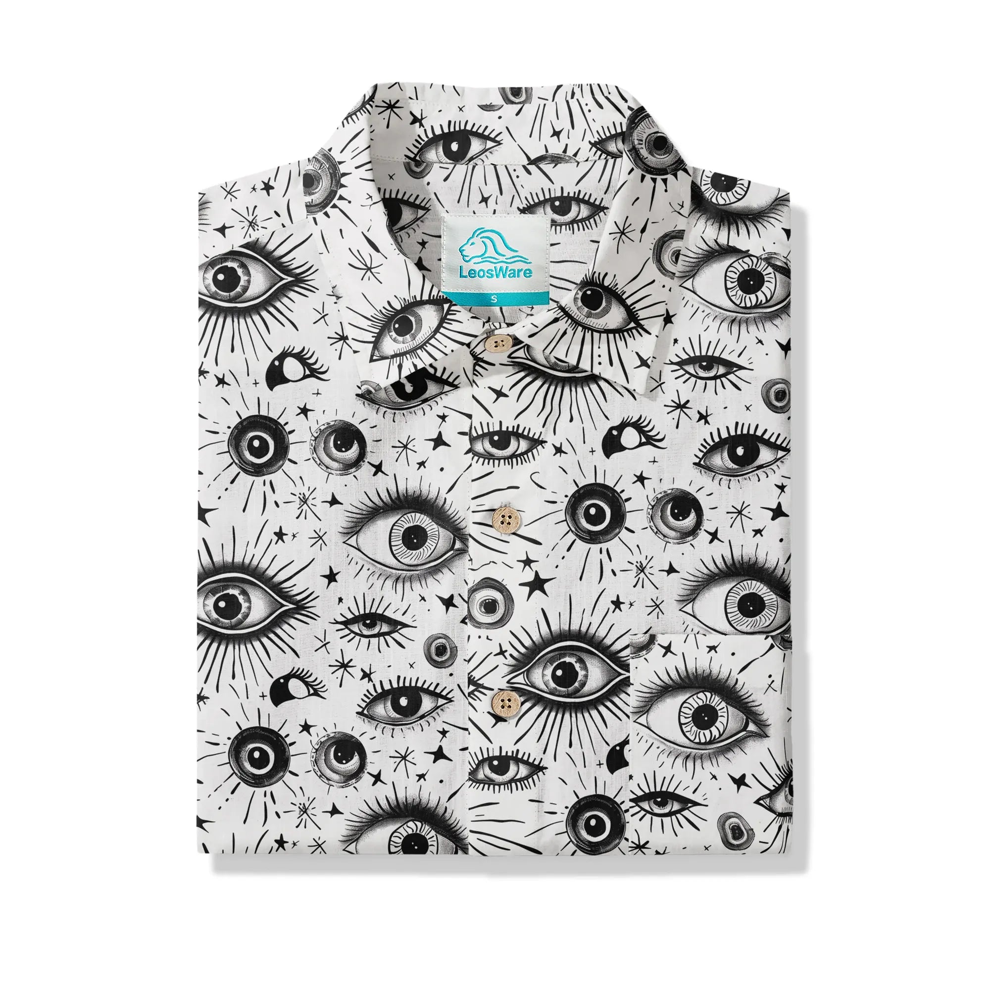 LeosWare® Men's Hawaiian Shirt Short Sleeve Button-up 100% Cotton White Aloha Starlight Eye Array By Ann