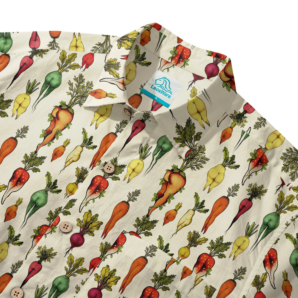 LeosWare® Carrot Men's Hawaiian Shirt Short Sleeve Button-up 100% Cotton Beige Aloha Bootylicious Veggie Bash By Ann