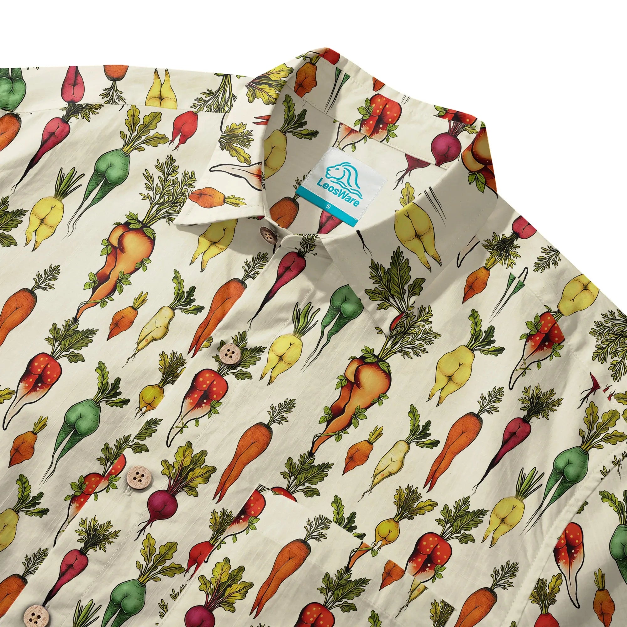 LeosWare® Carrot Men's Hawaiian Shirt Short Sleeve Button-up 100% Cotton Beige Aloha Bootylicious Veggie Bash By Ann