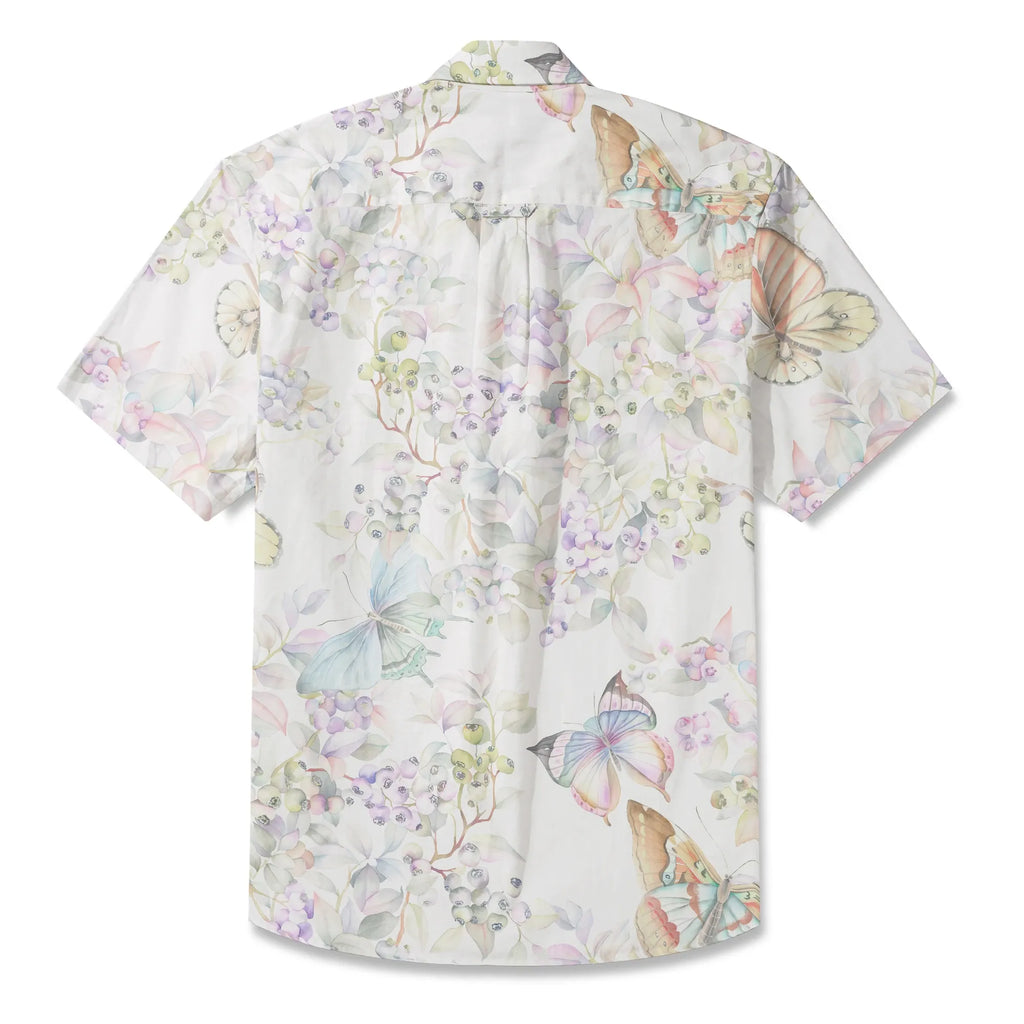 LeosWare® Men's Hawaiian Shirt Short Sleeve Button-up 100% Cotton Yellow Aloha Butterflies In The Garden By Huan huan