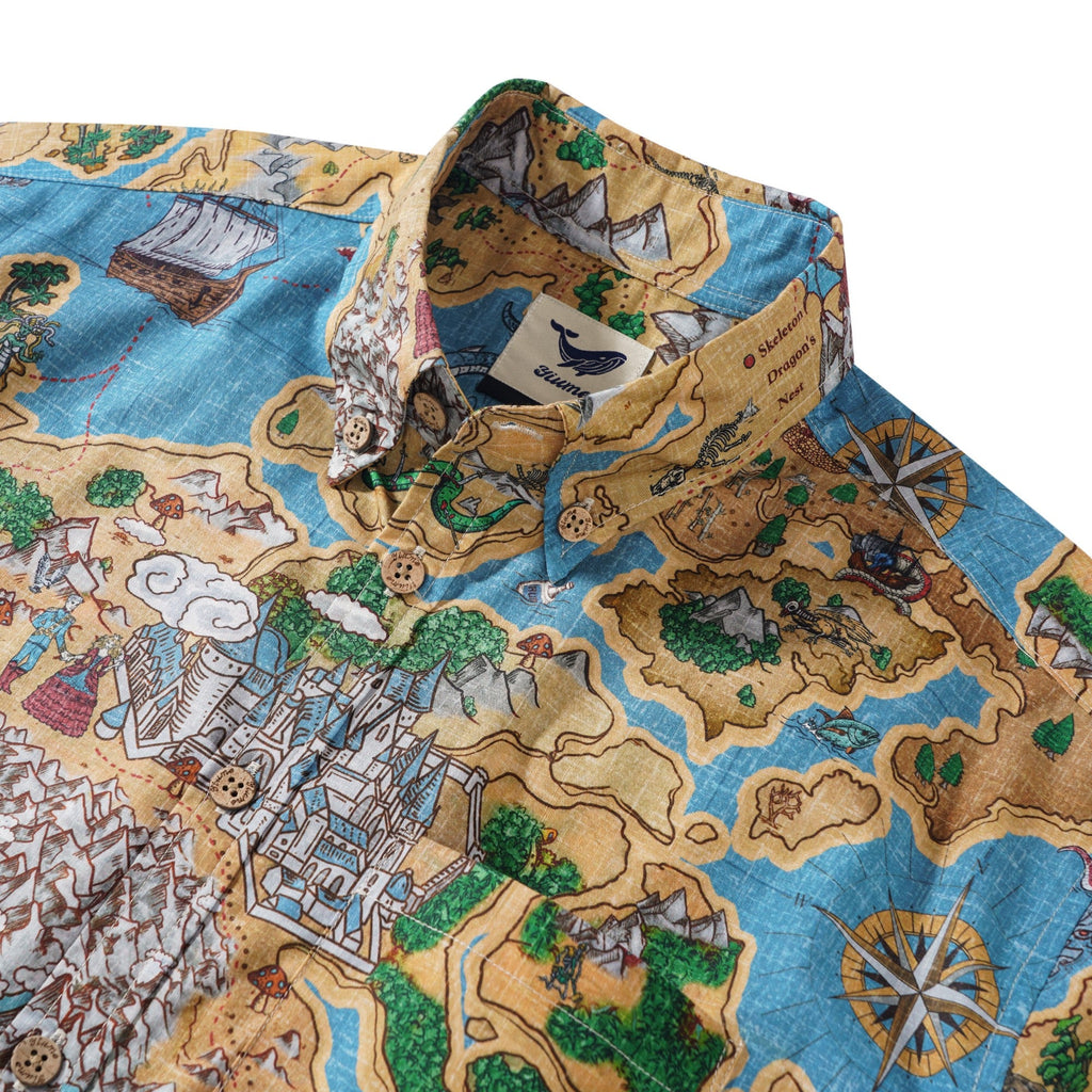 Men's Hawaiian Shirt Short Sleeve Button-down 100% Cotton Blue Aloha Enchanted World Adventure Map By Huan huan