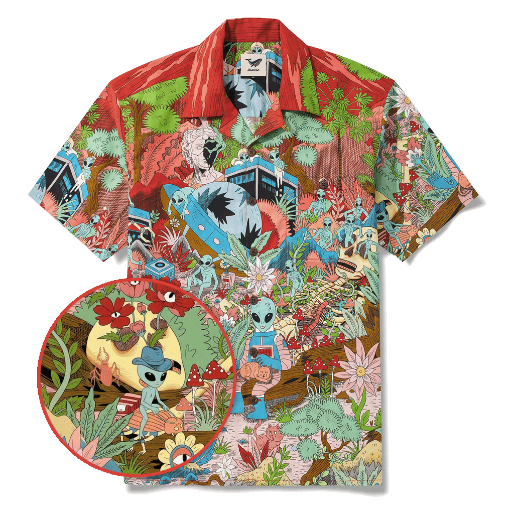 Men's Hawaiian Shirt Short Sleeve Camp Collar 100% Cotton Green Aloha Alien Galactic Garden By Huan huan
