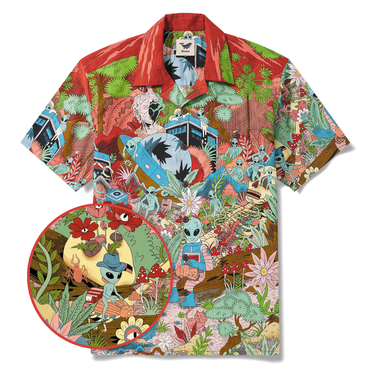 Men's Hawaiian Shirt Short Sleeve Camp Collar 100% Cotton Green Aloha Alien Galactic Garden By Huan huan
