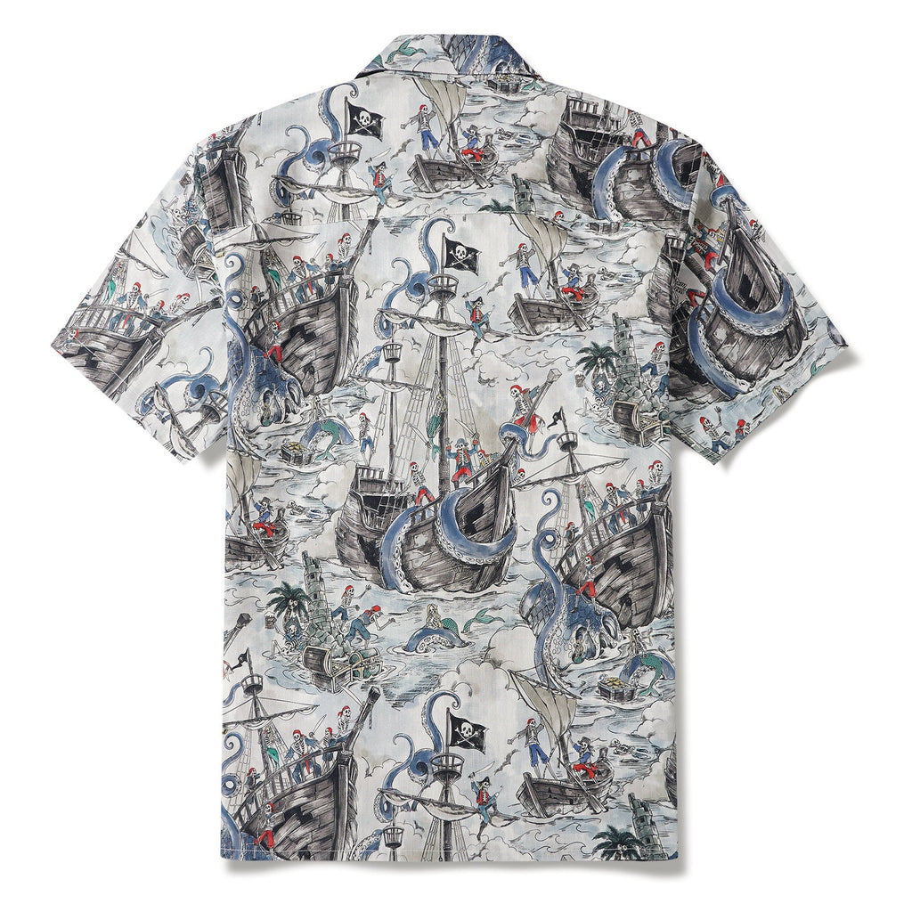 Men's Hawaiian Shirt Short Sleeve Camp Collar 100% Cotton Blue Aloha Mermaid's Skull Island By Zeke