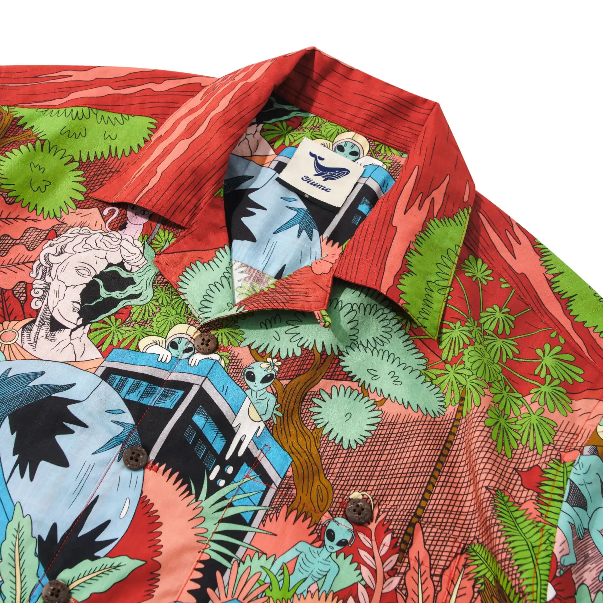 Men's Hawaiian Shirt Short Sleeve Camp Collar 100% Cotton Green Aloha Alien Galactic Garden By Huan huan