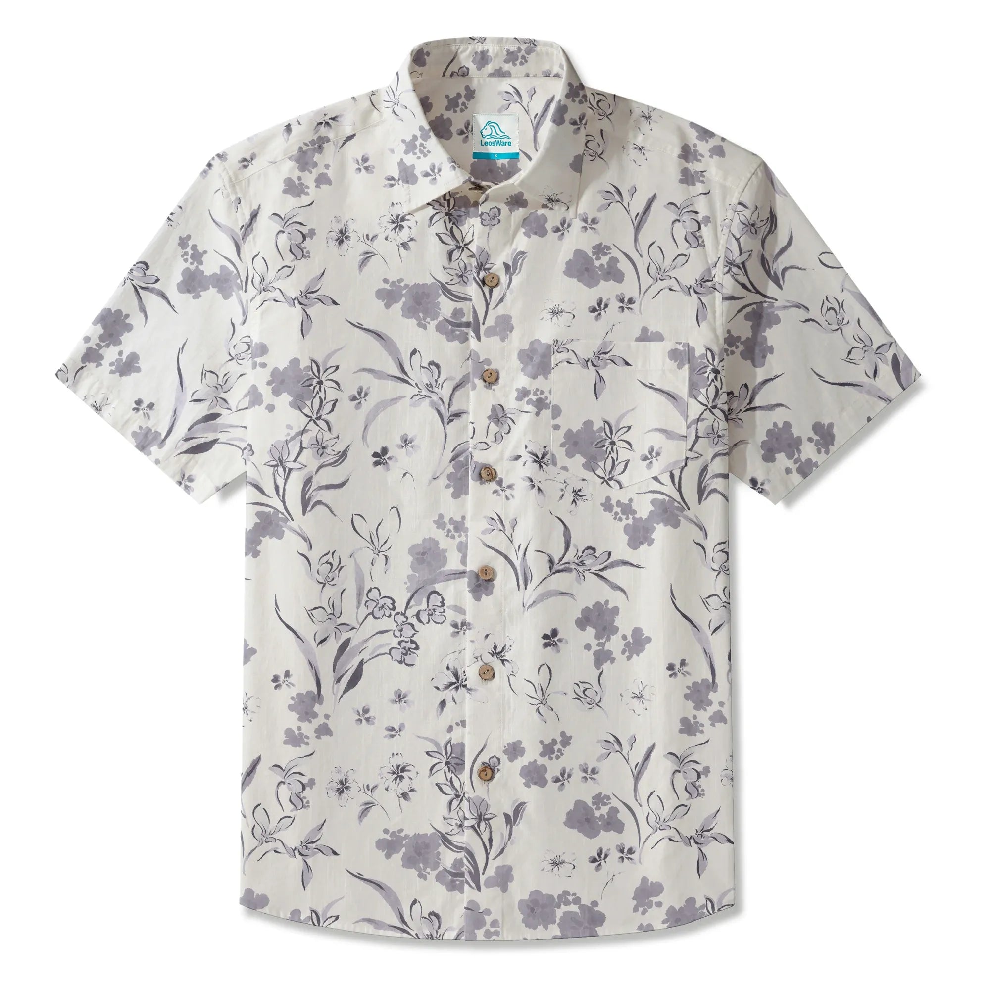 LeosWare® Men's Hawaiian Shirt Short Sleeve Button-up 100% Cotton Gray Aloha Exquisite Art Gray Floral Design By Huan huan