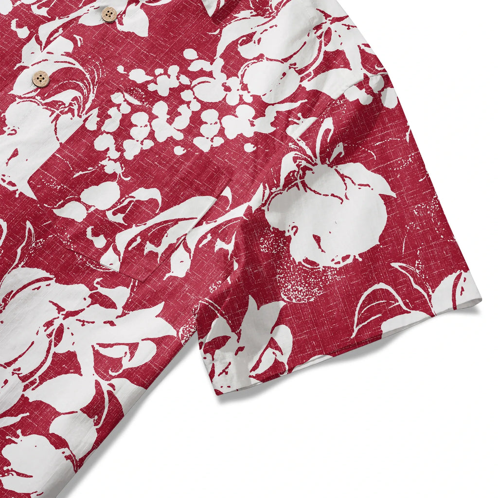 LeosWare® Flower Men's Hawaiian Shirt Short Sleeve Button-up 100% Cotton Red Aloha Crimson Blossom Harmony By Ann