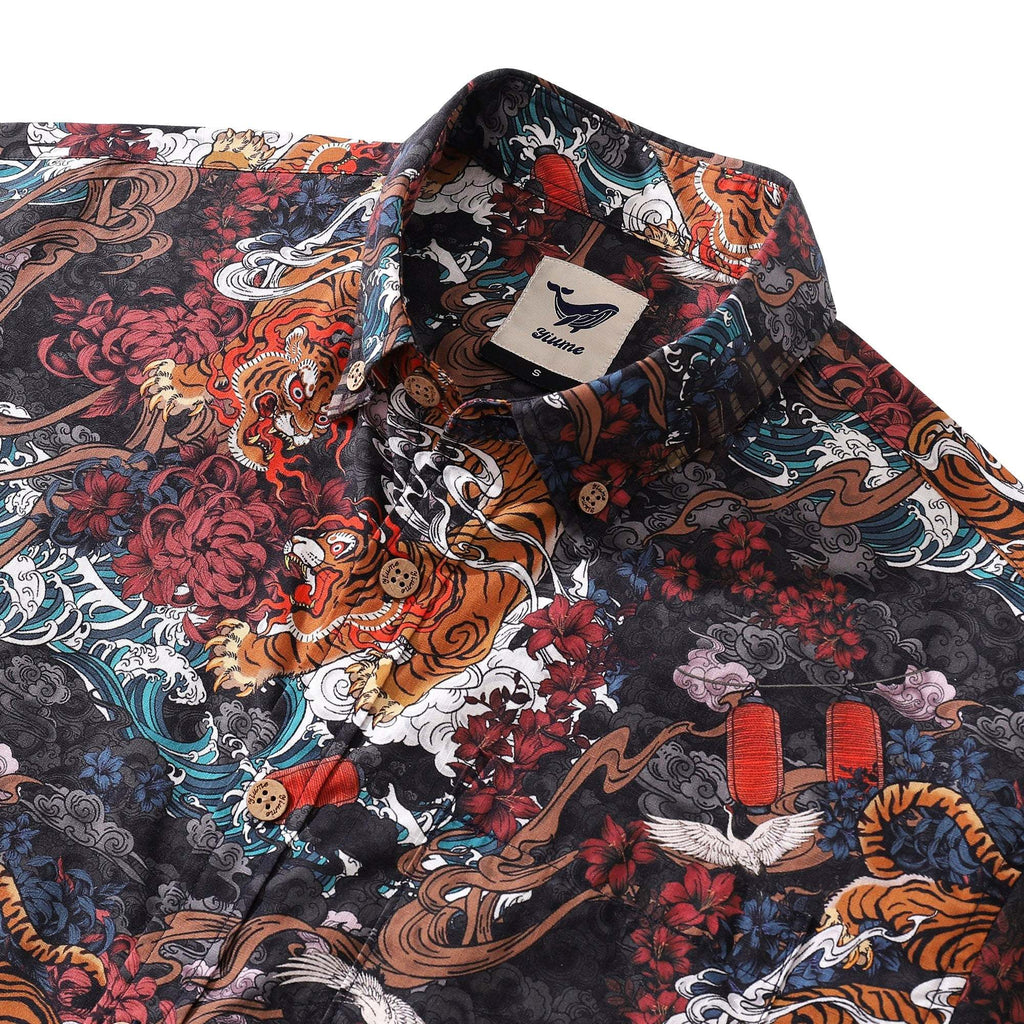 Men's Tiger Shirt 1950s Vintage Hawaiian Shirt For Men Short Sleeve Cotton Aloha Shirt Tiger In The Mist By Yakima