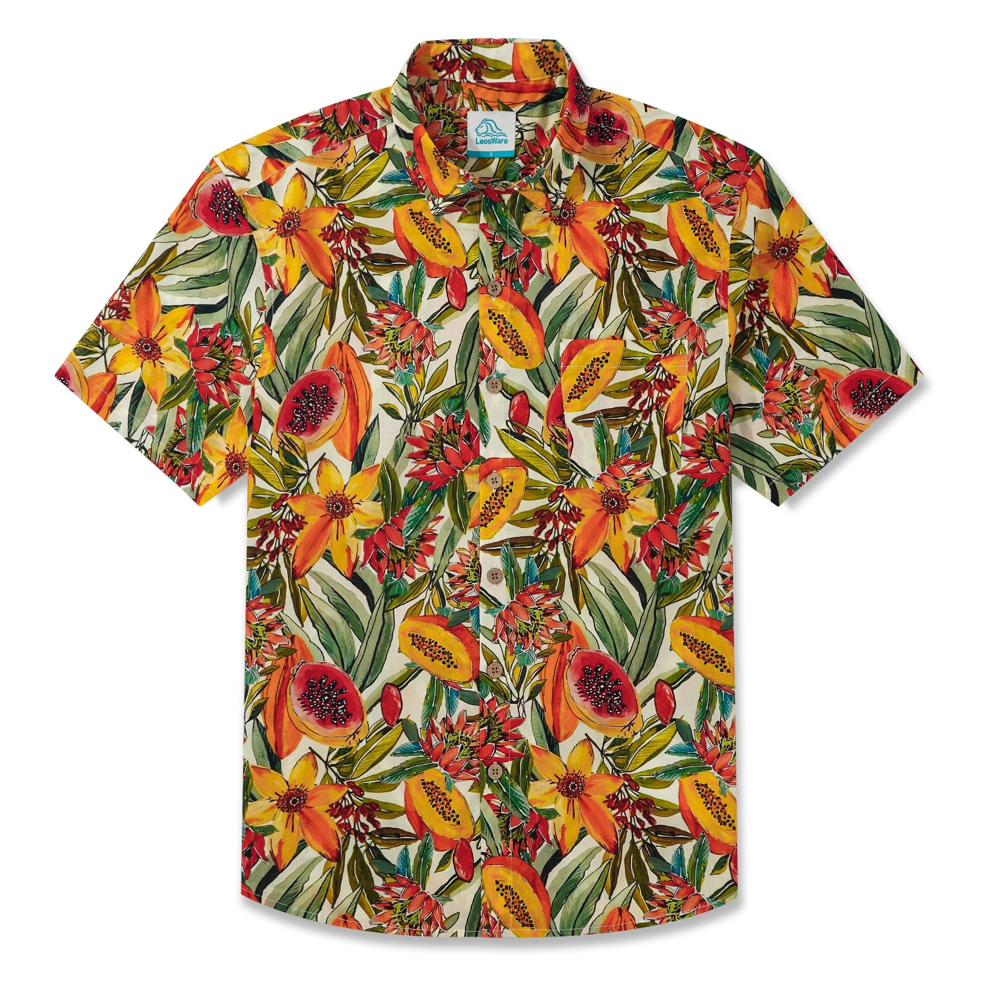 LeosWare® Men's Hawaiian Shirt Short Sleeve Button-up 100% Cotton Orange Aloha Tropical Fruit Bloom Spectacle By Ethan