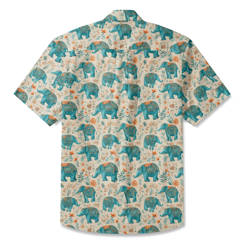 Elephant LeosWare® Men's Hawaiian Shirt Short Sleeve Button-up 100% Cotton Beige Aloha Blue Elephant Blossoms By Ann