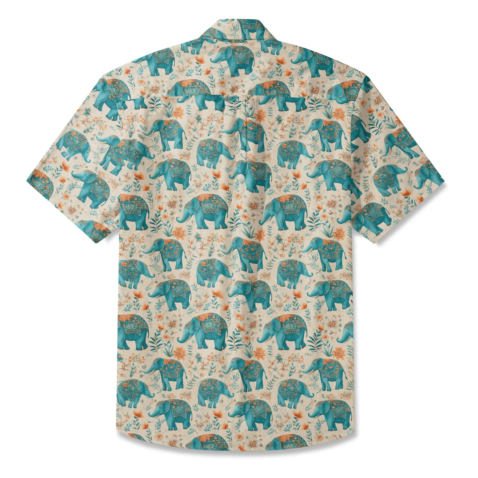 Elephant LeosWare® Men's Hawaiian Shirt Short Sleeve Button-up 100% Cotton Beige Aloha Blue Elephant Blossoms By Ann