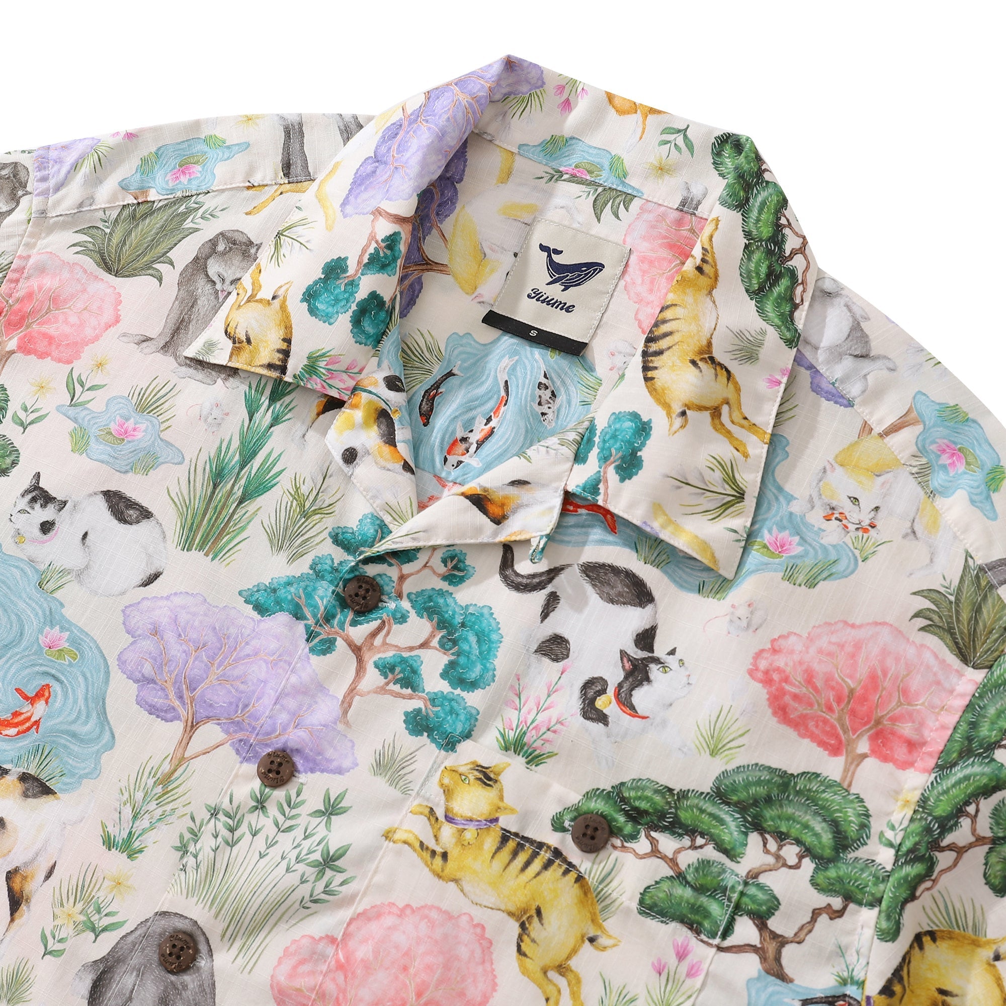 Japanese Hawaiian Shirt For Men Ukiyo-e Cats Print Shirt Camp Collar 100% Cotton Shirt Japanese Cat Garden By Catherine Rowe