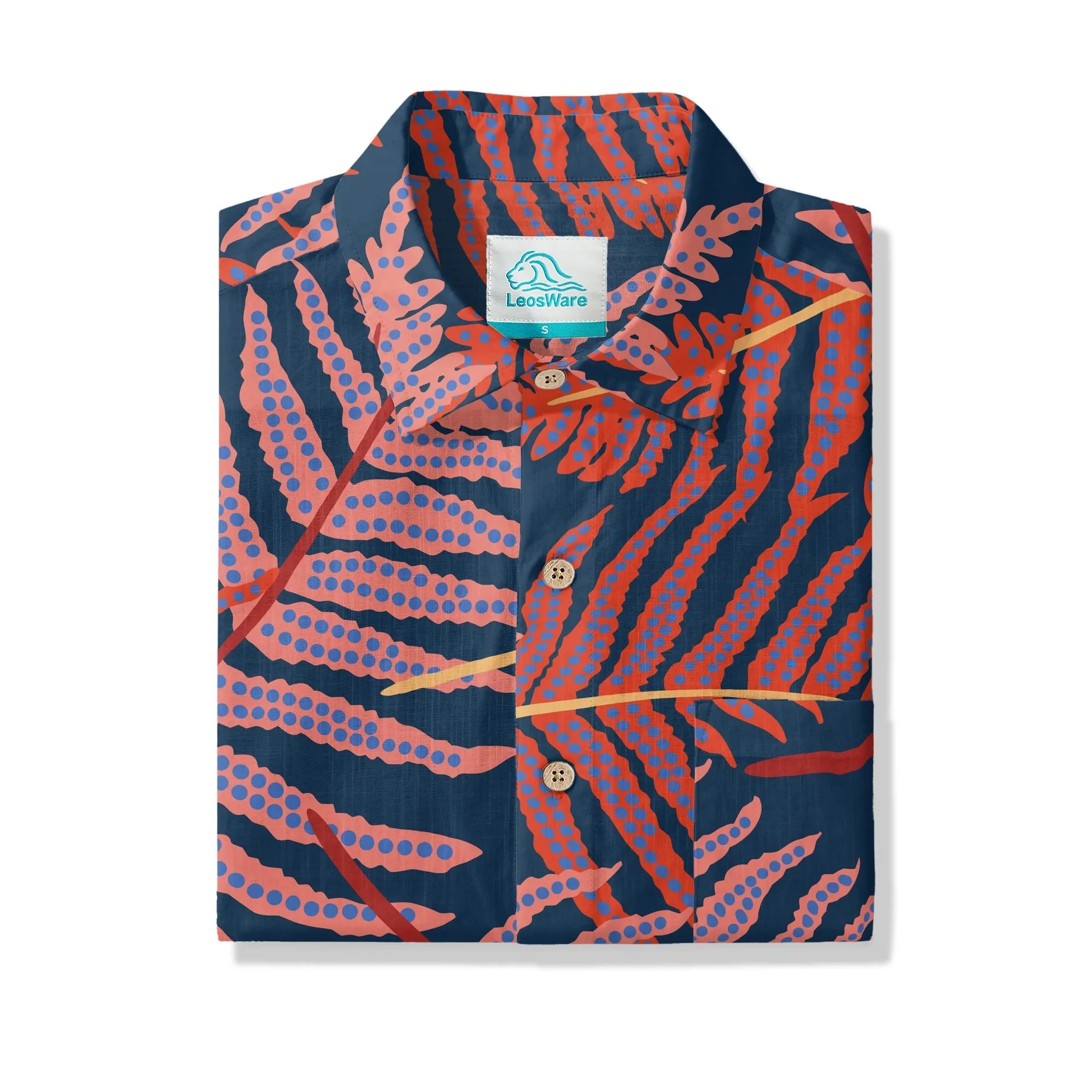 Chemise hawaïenne pour hommes LeosWare® à manches courtes boutons en 100 % coton bleu Aloha fougères rouges ombres nocturnes par Ann