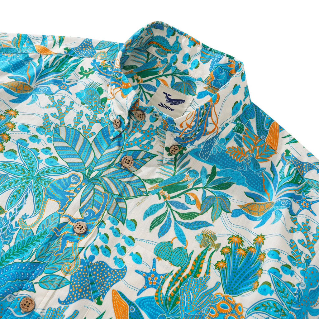 Men's Hawaiian Shirt Short Sleeve Button-down 100% Cotton Blue Aloha Fantasy Paradise By Huan huan