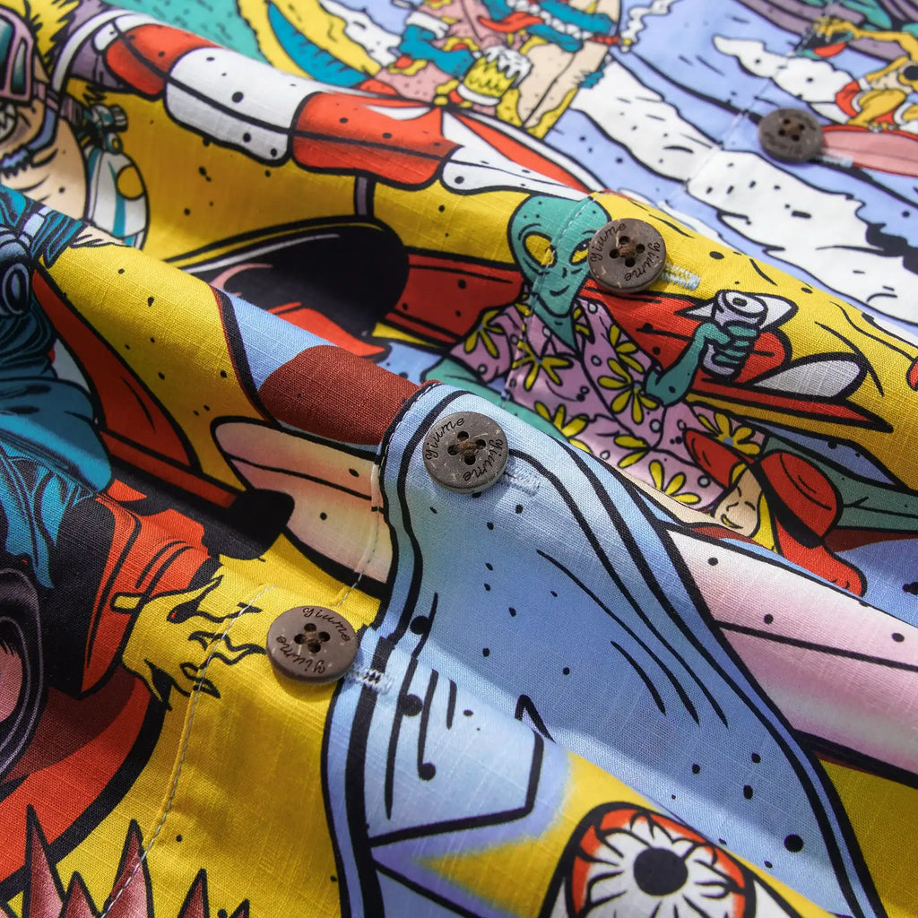 Alien Flamingo Men's Hawaiian Shirt Short Sleeve Camp Collar 100% Cotton Blue Beach Surfing Party Aloha Cosmic Coast Chaos By Huan huan