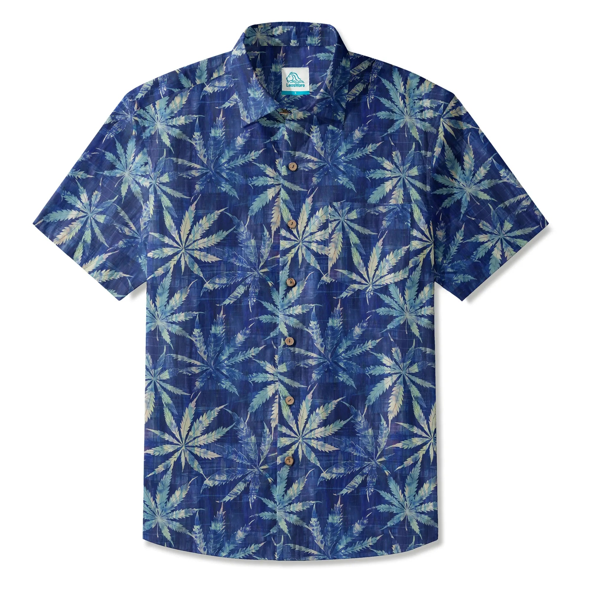 LeosWare® Leaf Men's Hawaiian Shirt Short Sleeve Button-up 100% Cotton Blue Aloha Indigo Dyed Leaves By Ann