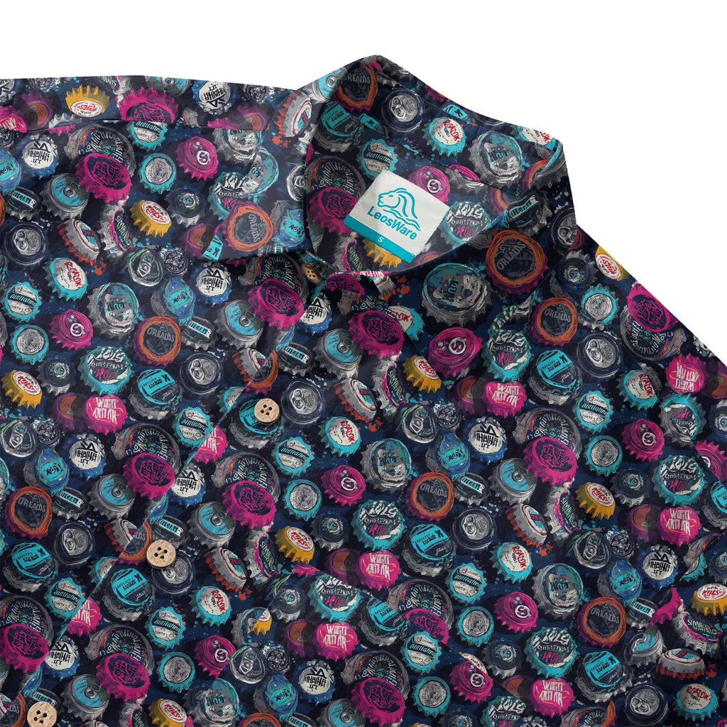 LeosWare® Men's Hawaiian Shirt Short Sleeve Button-up 100% Cotton Black Aloha Trendy Bottle Cap Graffiti By Ann