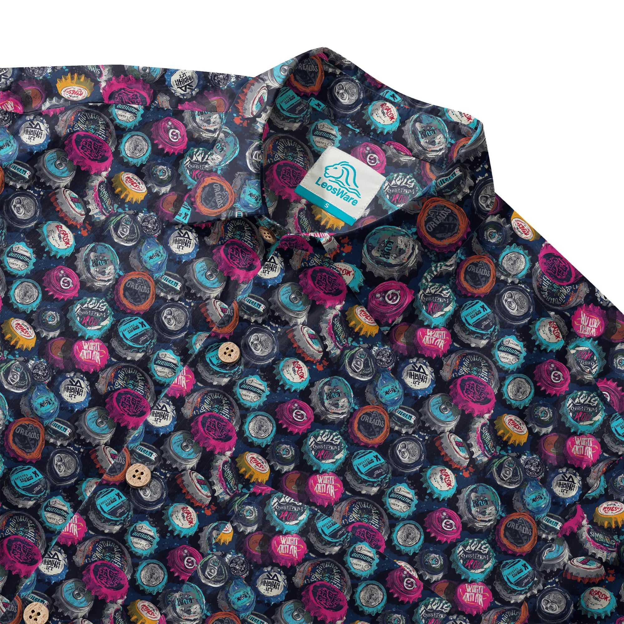 LeosWare® Men's Hawaiian Shirt Short Sleeve Button-up 100% Cotton Black Aloha Trendy Bottle Cap Graffiti By Ann