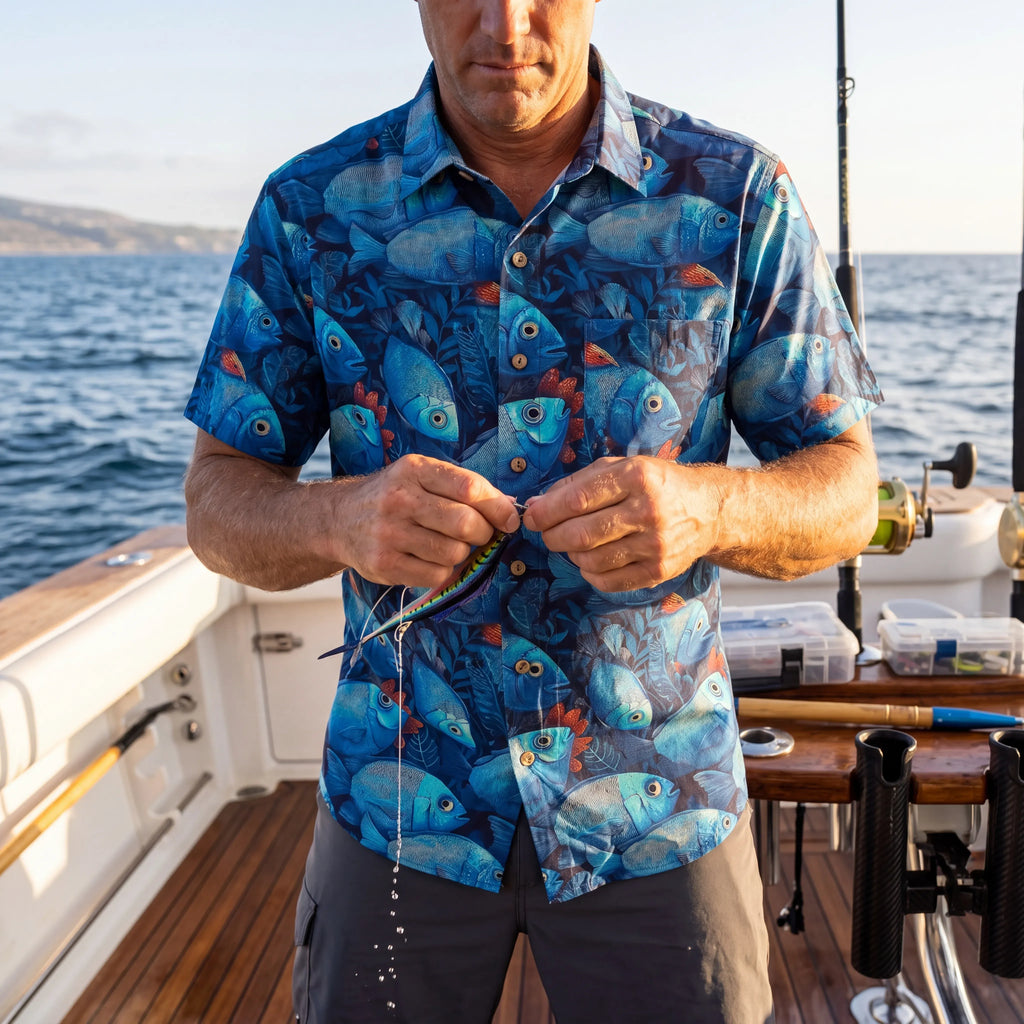 LeosWare® Men's Hawaiian Shirt Short Sleeve Button-up 100% Cotton Blue Aloha Deep Sea Blues Fish School By Ann