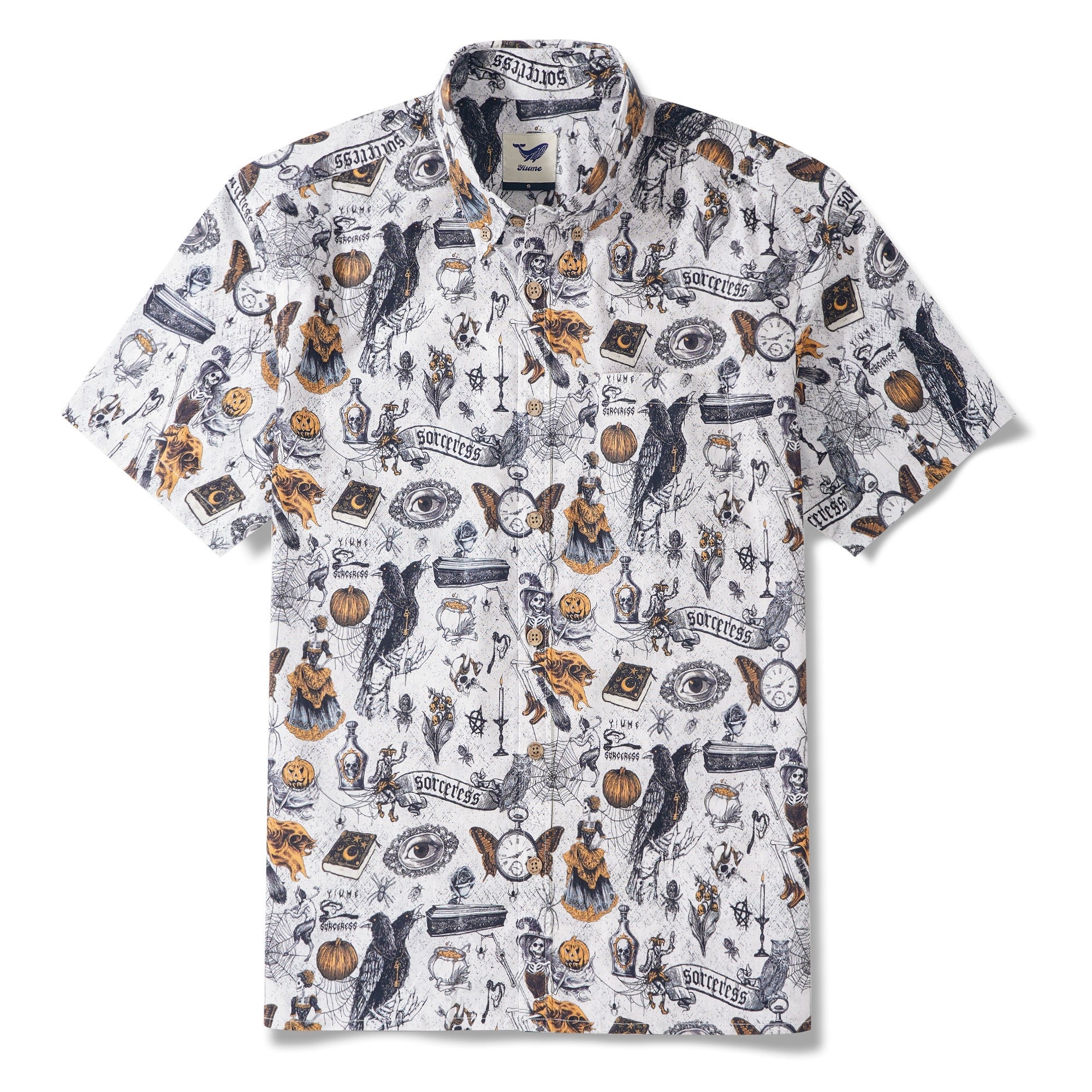 Men's Hawaiian Shirt Short Sleeve Button-down 100% Cotton White Aloha Black Magic By Yakima