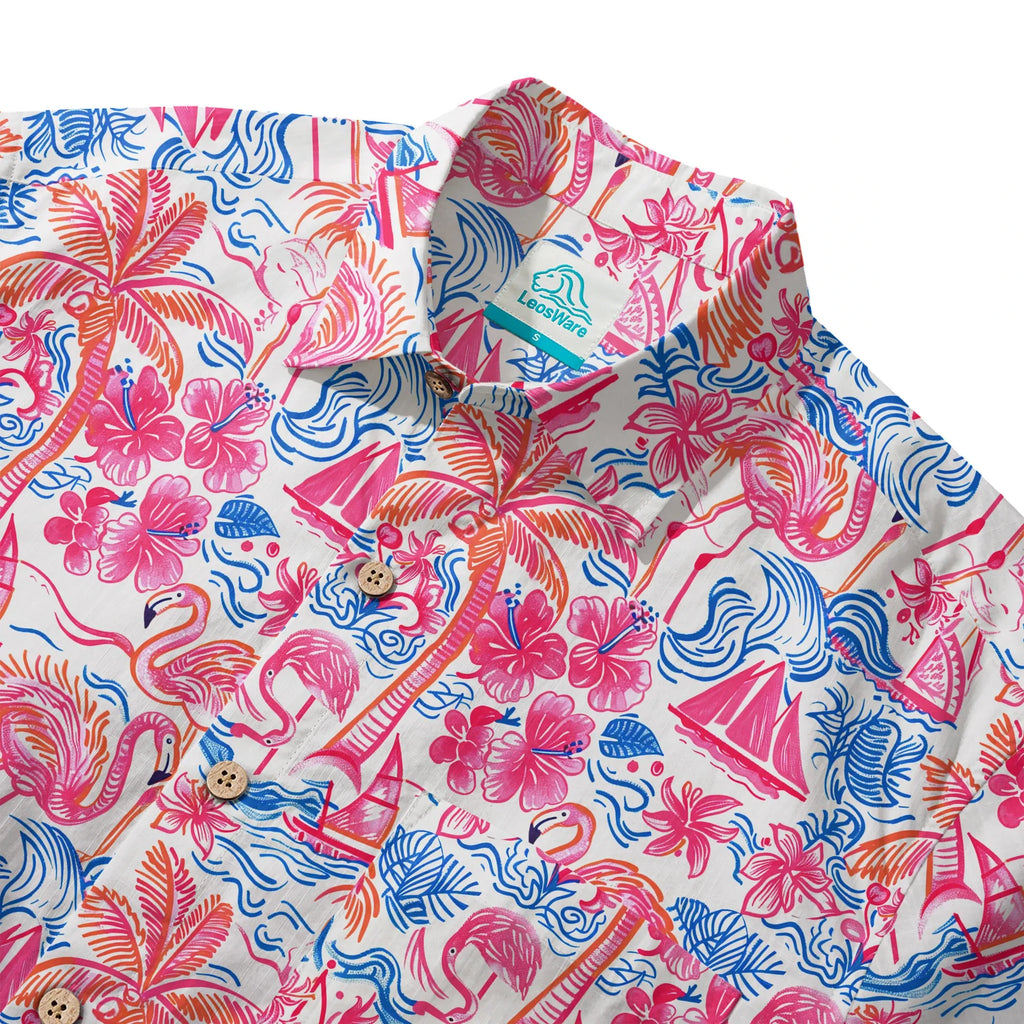 LeosWare® Men's Hawaiian Shirt Short Sleeve Button-up 100% Cotton Aloha Tropical Fire Bay By Ann