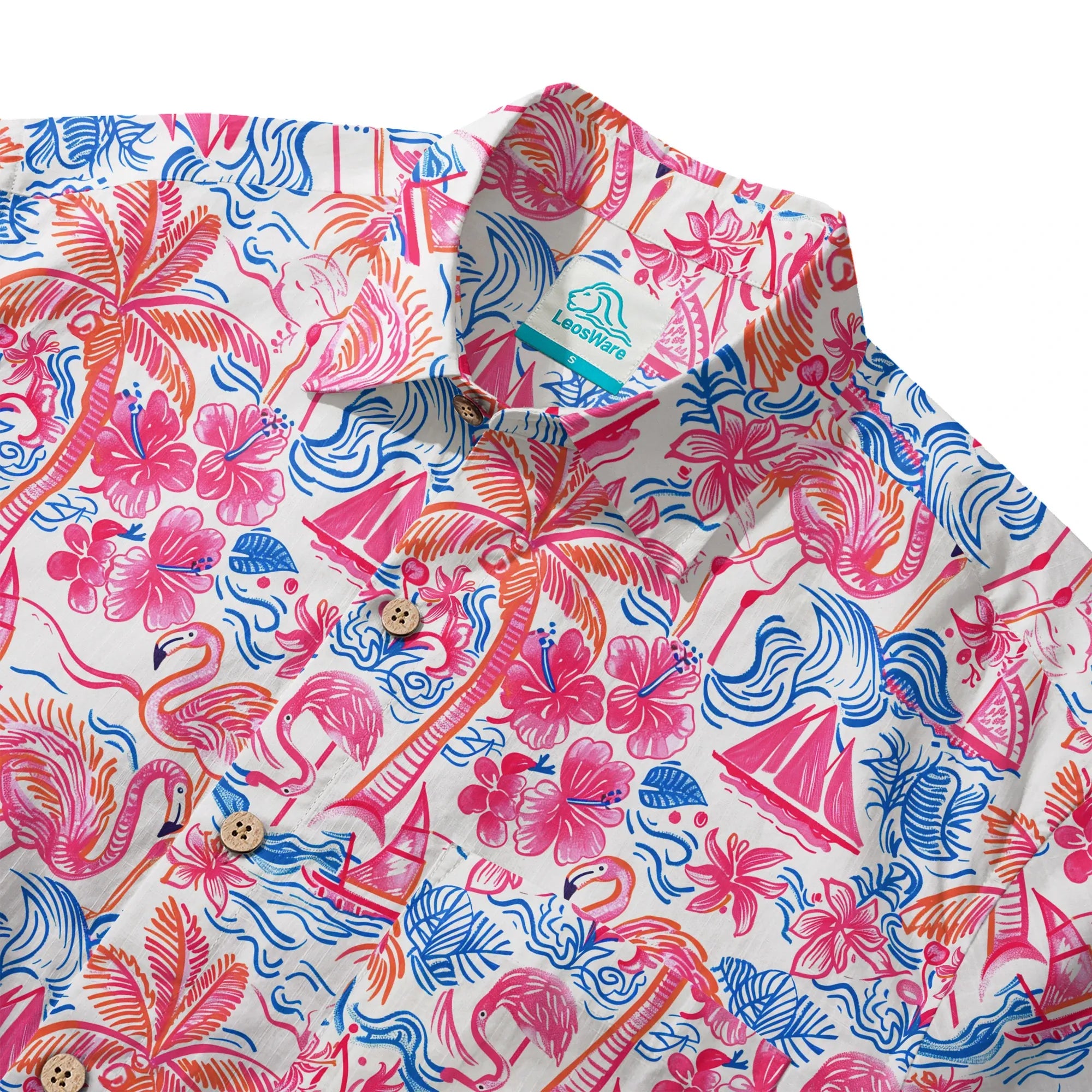 LeosWare® Men's Hawaiian Shirt Short Sleeve Button-up 100% Cotton Aloha Tropical Fire Bay By Ann