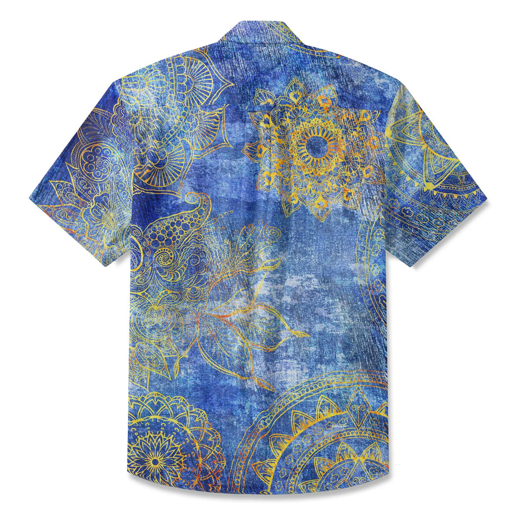LeosWare® Men's Hawaiian Shirt Short Sleeve Button-up 100% Cotton Blue Aloha Indigo Mandala By Ann