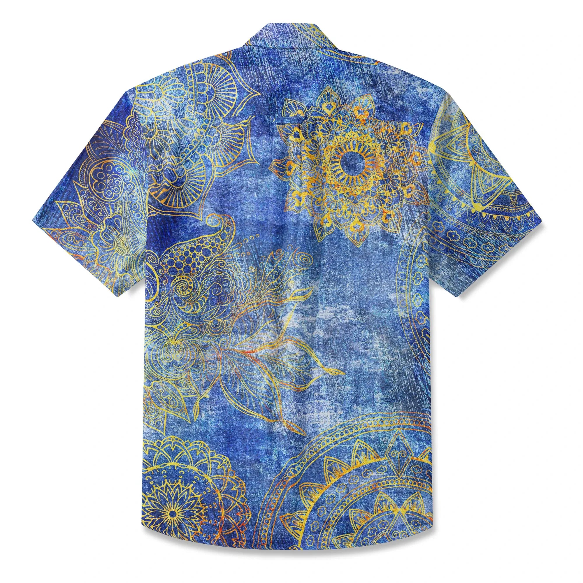 LeosWare® Men's Hawaiian Shirt Short Sleeve Button-up 100% Cotton Blue Aloha Indigo Mandala By Ann