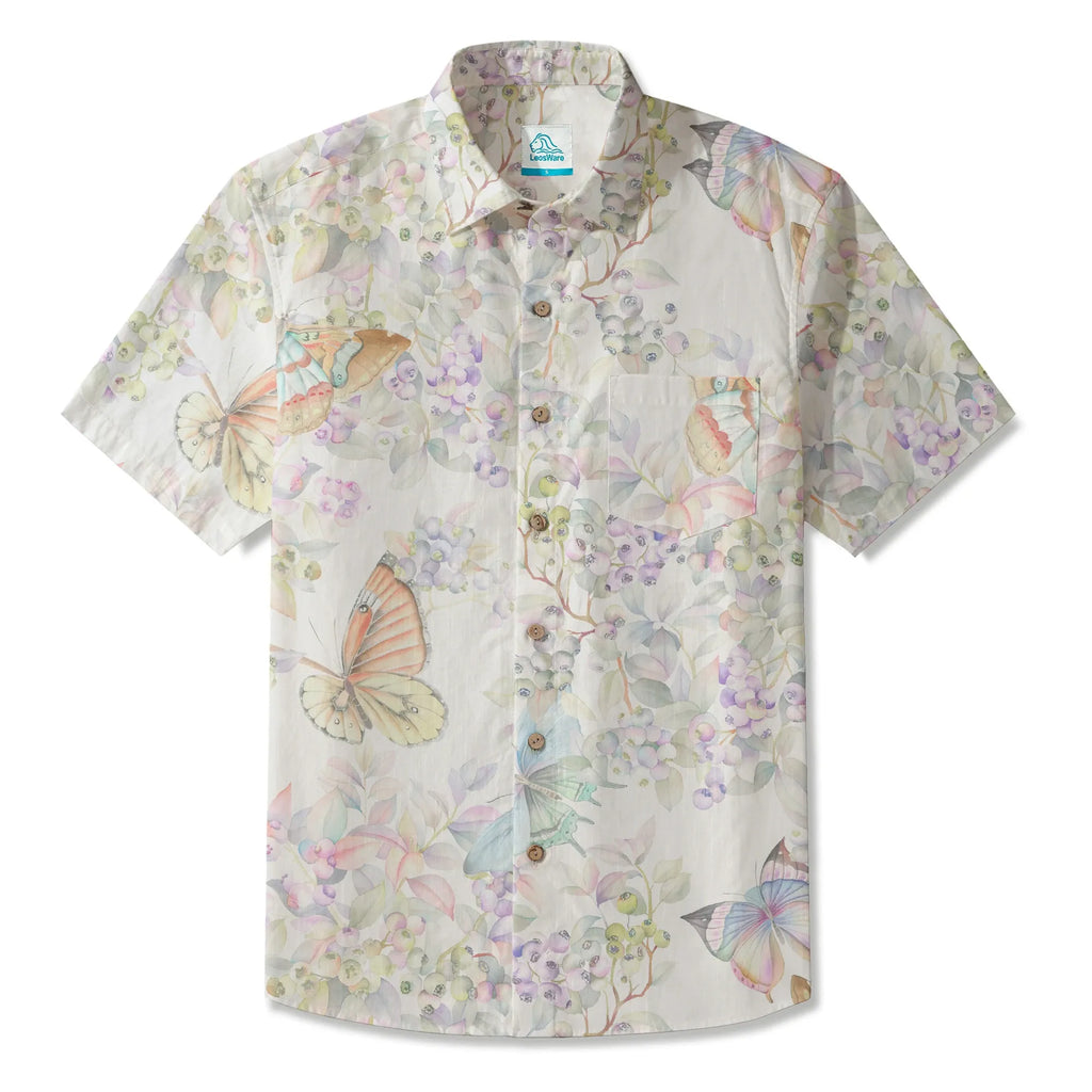 LeosWare® Men's Hawaiian Shirt Short Sleeve Button-up 100% Cotton Yellow Aloha Butterflies In The Garden By Huan huan