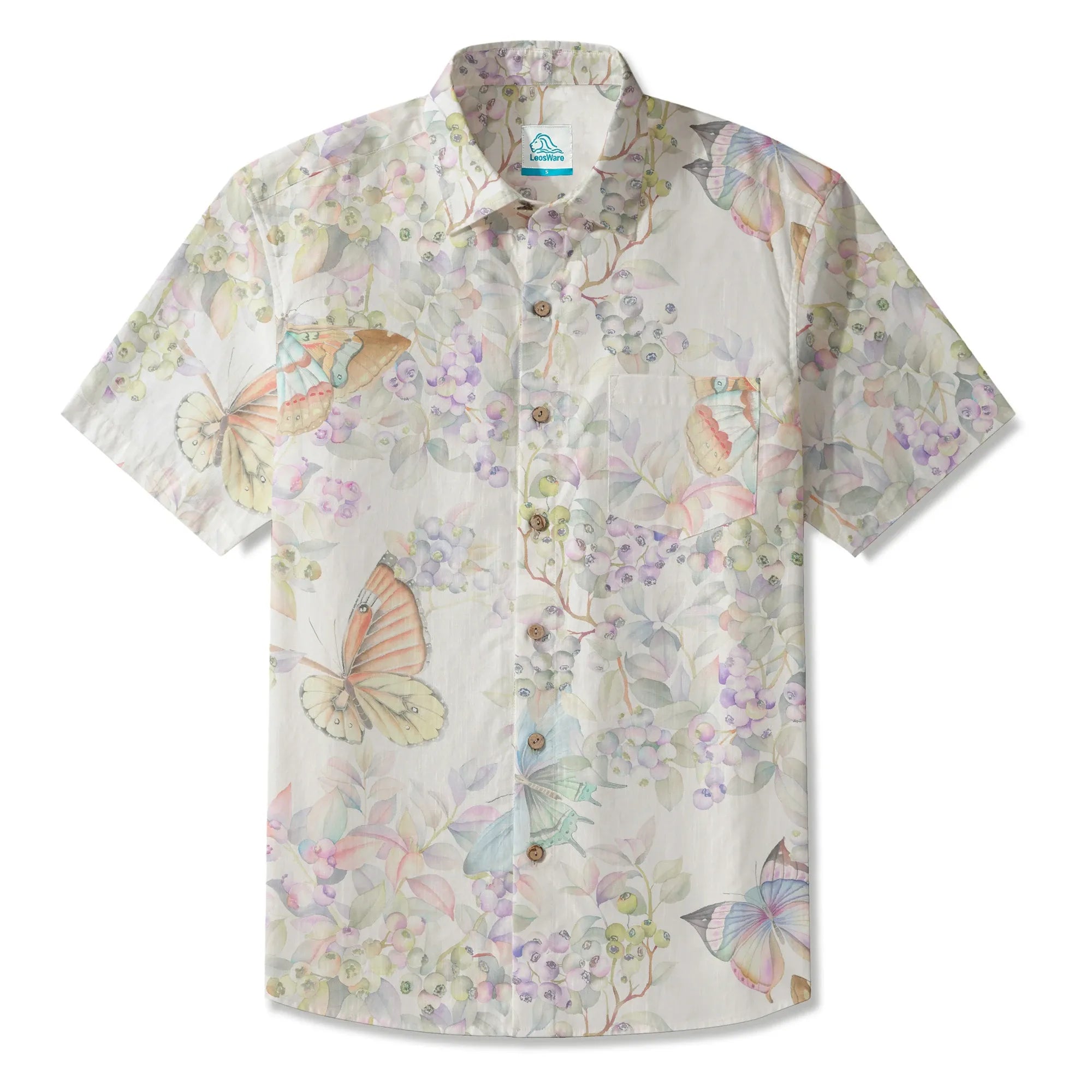 LeosWare® Men's Hawaiian Shirt Short Sleeve Button-up 100% Cotton Yellow Aloha Butterflies In The Garden By Huan huan