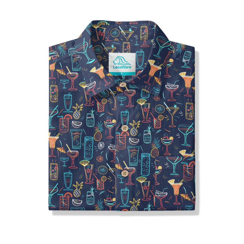 LeosWare® Men's Hawaiian Shirt Short Sleeve Button-up 100% Cotton Blue Aloha Neon Cocktail Night By Ann