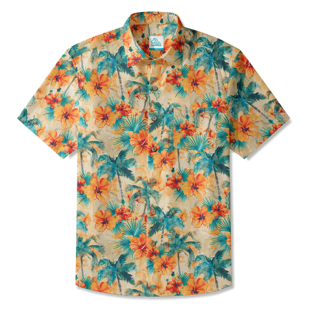 LeosWare® Men's Hawaiian Shirt Short Sleeve Button-up 100% Cotton Orange Aloha Sunset Orange Coconut Breeze By Ann